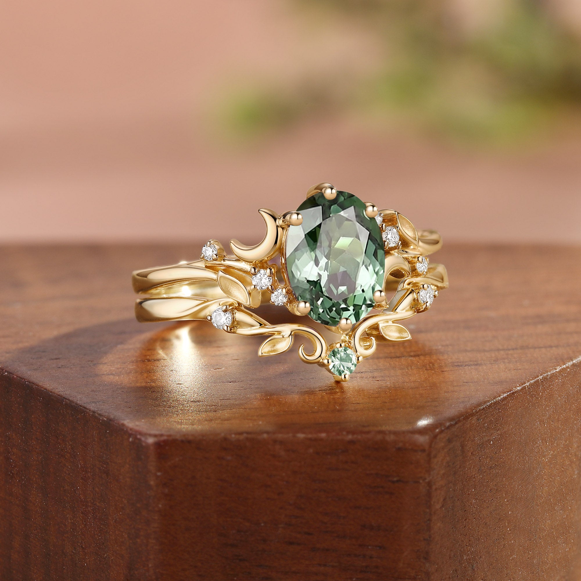 Moonlight Fairy Oval Cut Green Sapphire Leafy Bridal Sets 2pcs - Meriel