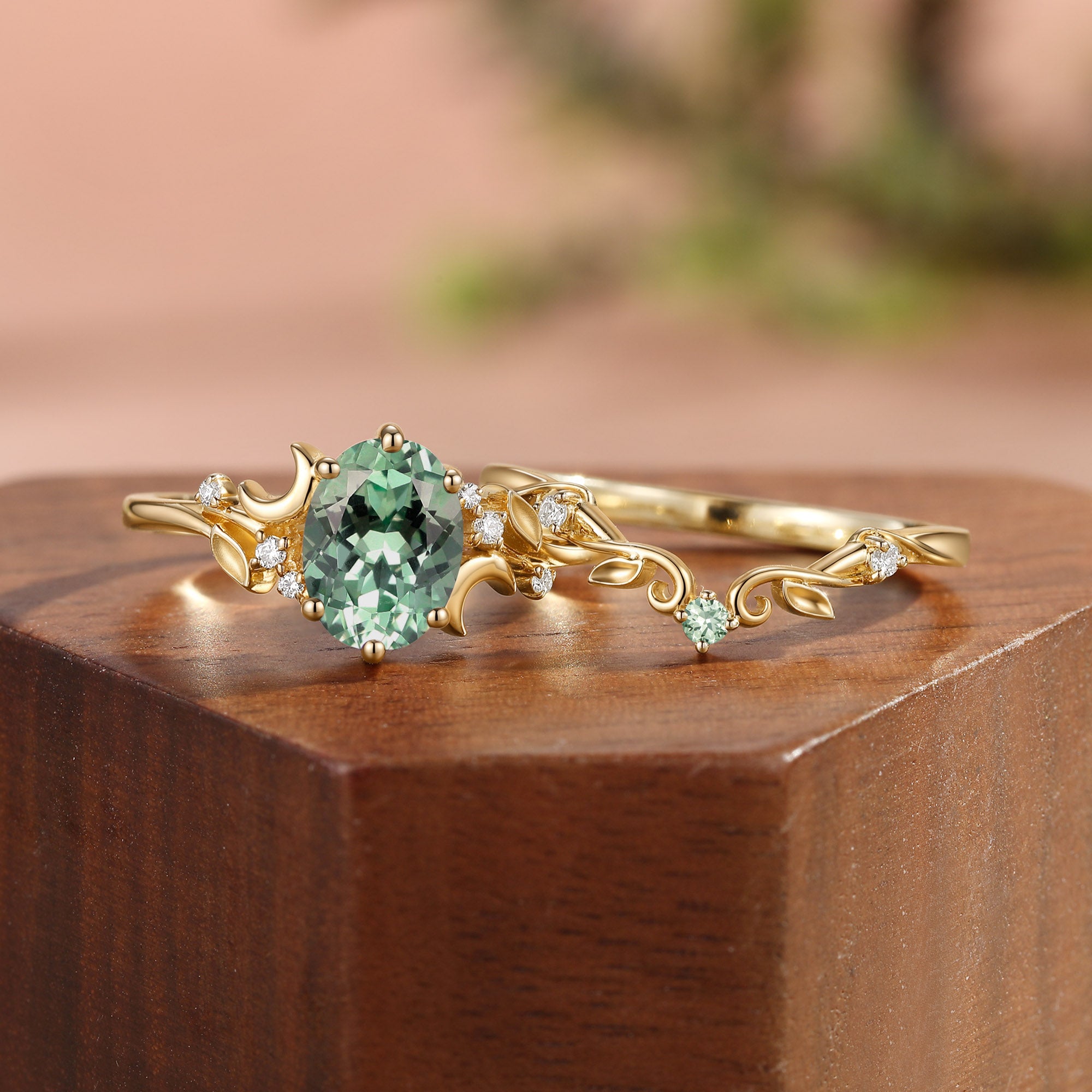 Moonlight Fairy Oval Cut Green Sapphire Leafy Bridal Sets 2pcs - Meriel