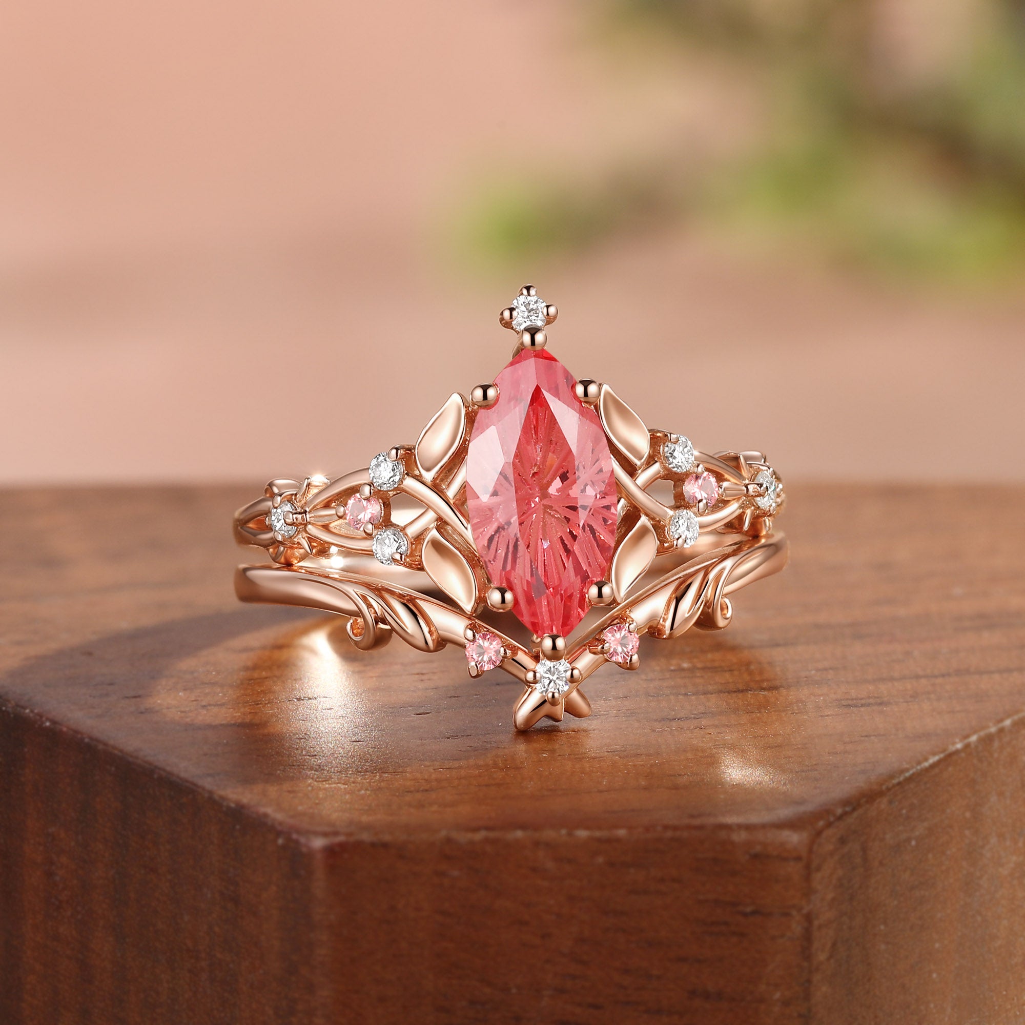 Floral Fairy Marquise Firework Cut Padparadscha Sapphire Leafy Bridal Set 2pcs - Faith