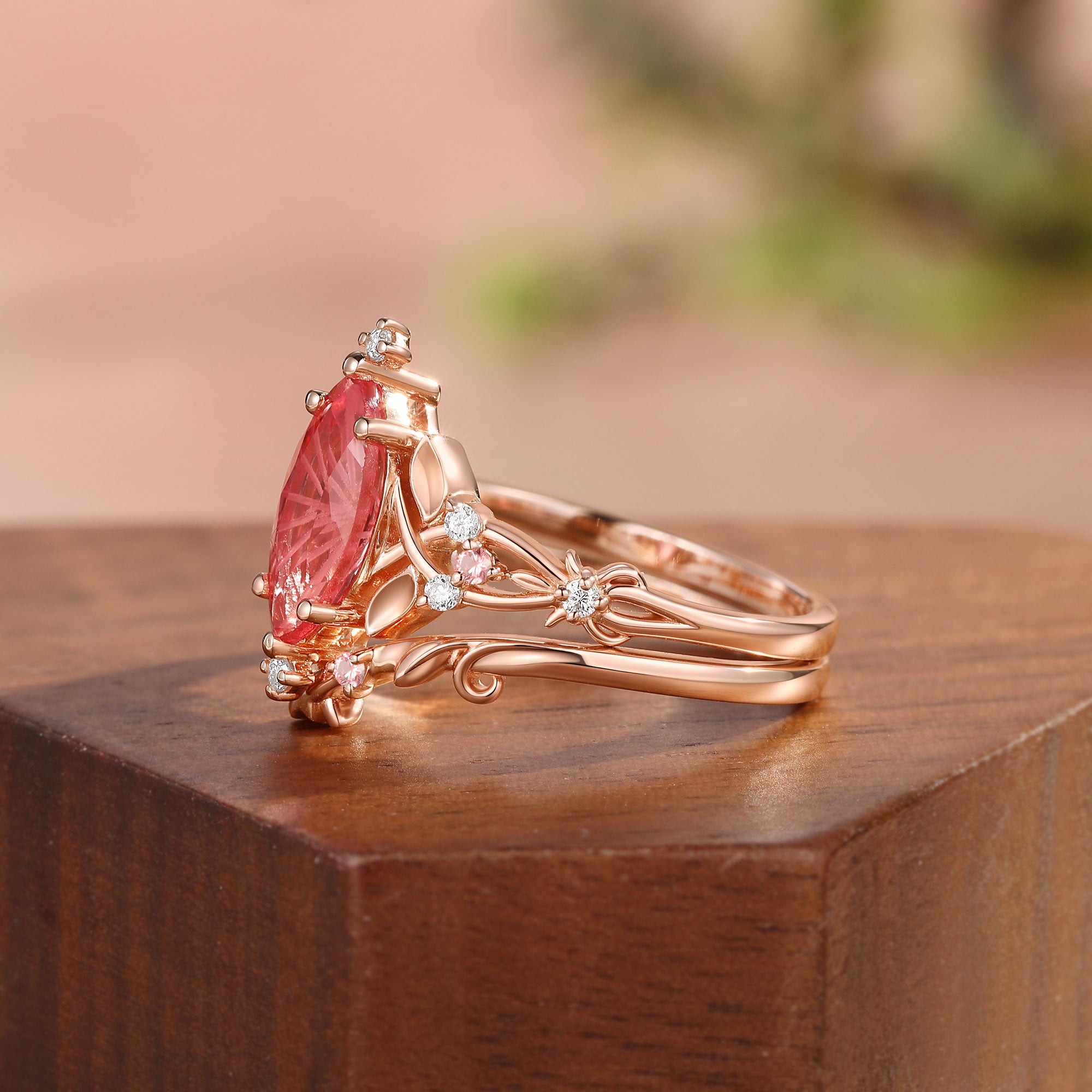 Floral Fairy Marquise Firework Cut Padparadscha Sapphire Leafy Bridal Set 2pcs - Faith