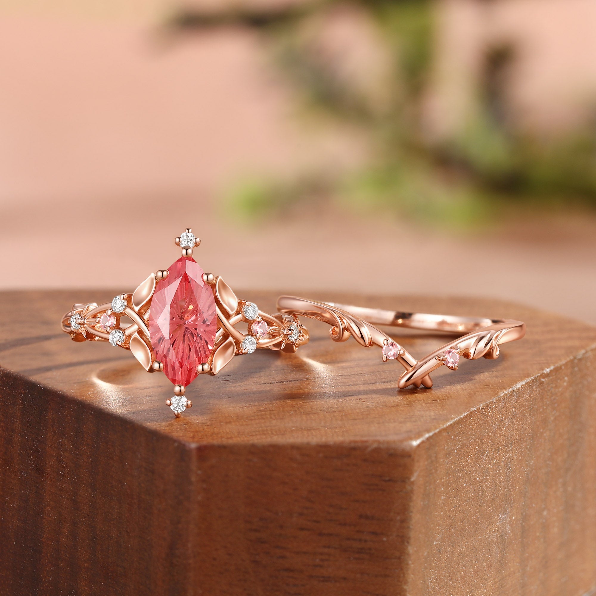 Floral Fairy Marquise Firework Cut Padparadscha Sapphire Leafy Bridal Set 2pcs - Faith