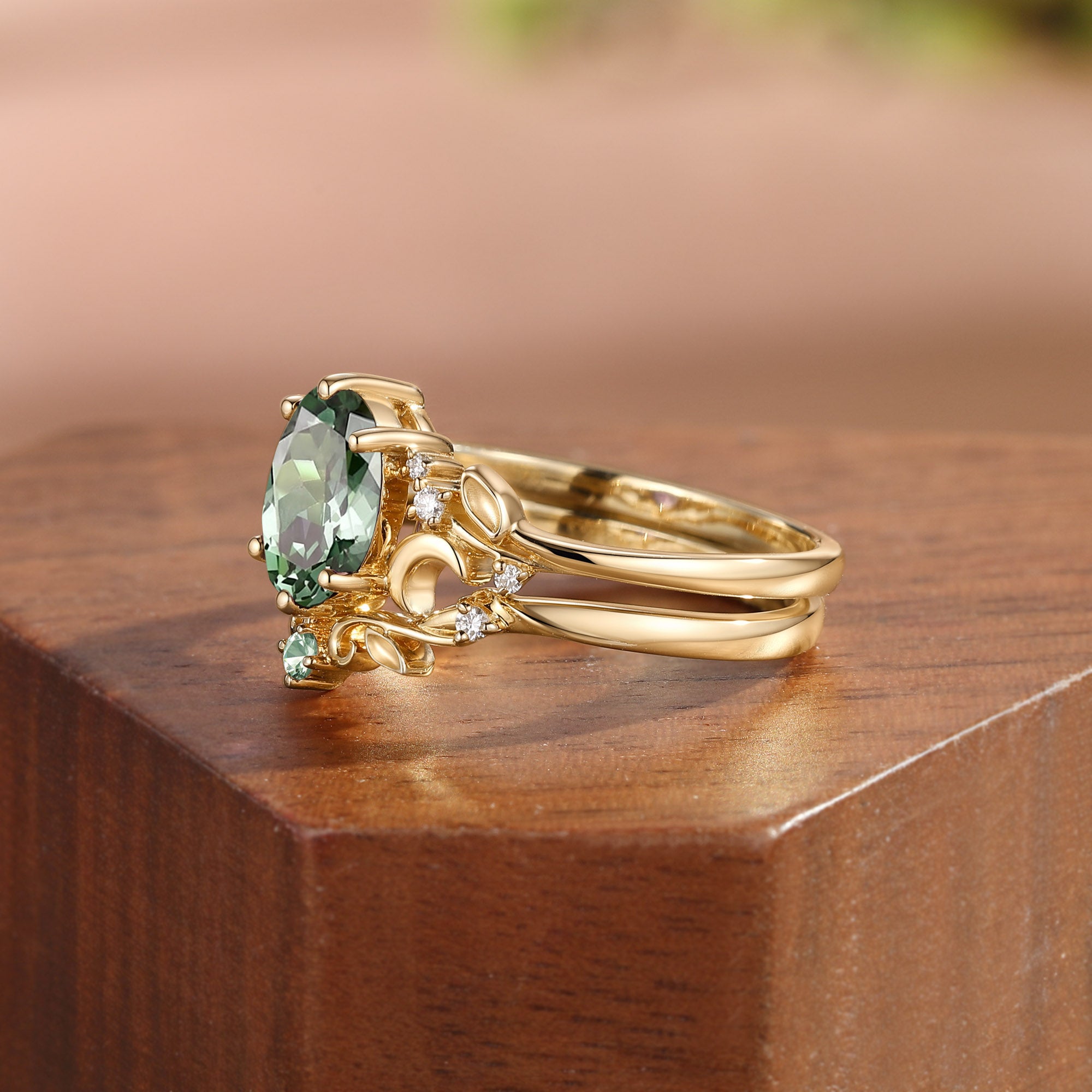 Moonlight Fairy Oval Cut Green Sapphire Leafy Bridal Sets 2pcs - Meriel