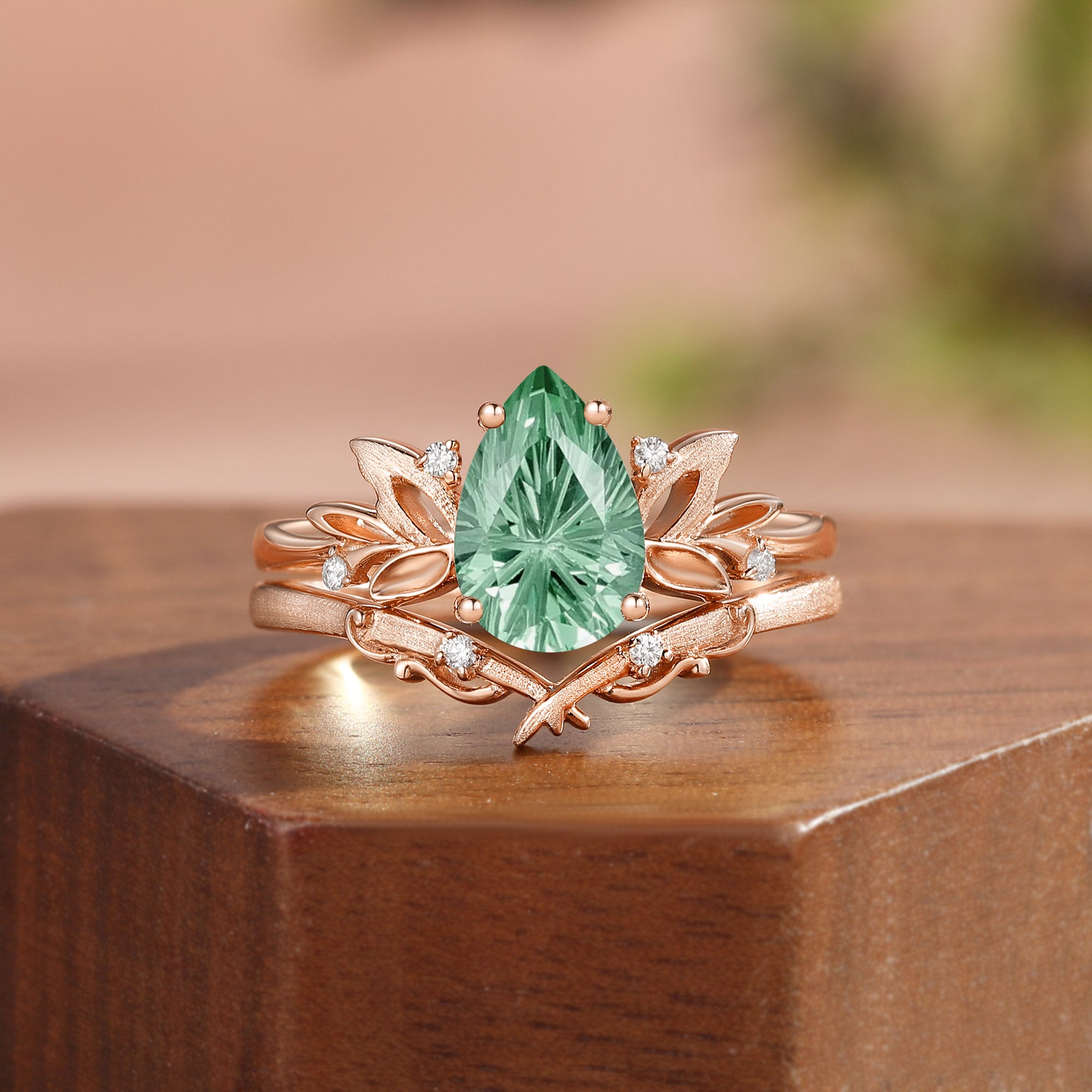 Wind Fairy  Firework Cut Pear Green Sapphire Leafy Bridal Set 2pcs - Ines
