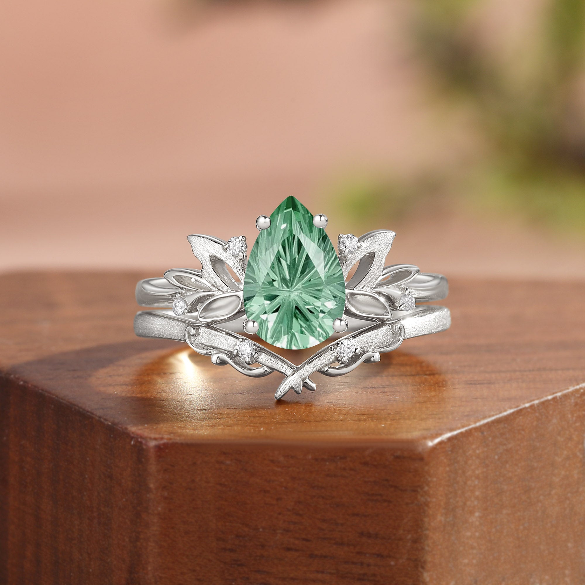 Wind Fairy  Firework Cut Pear Green Sapphire Leafy Bridal Set 2pcs - Ines