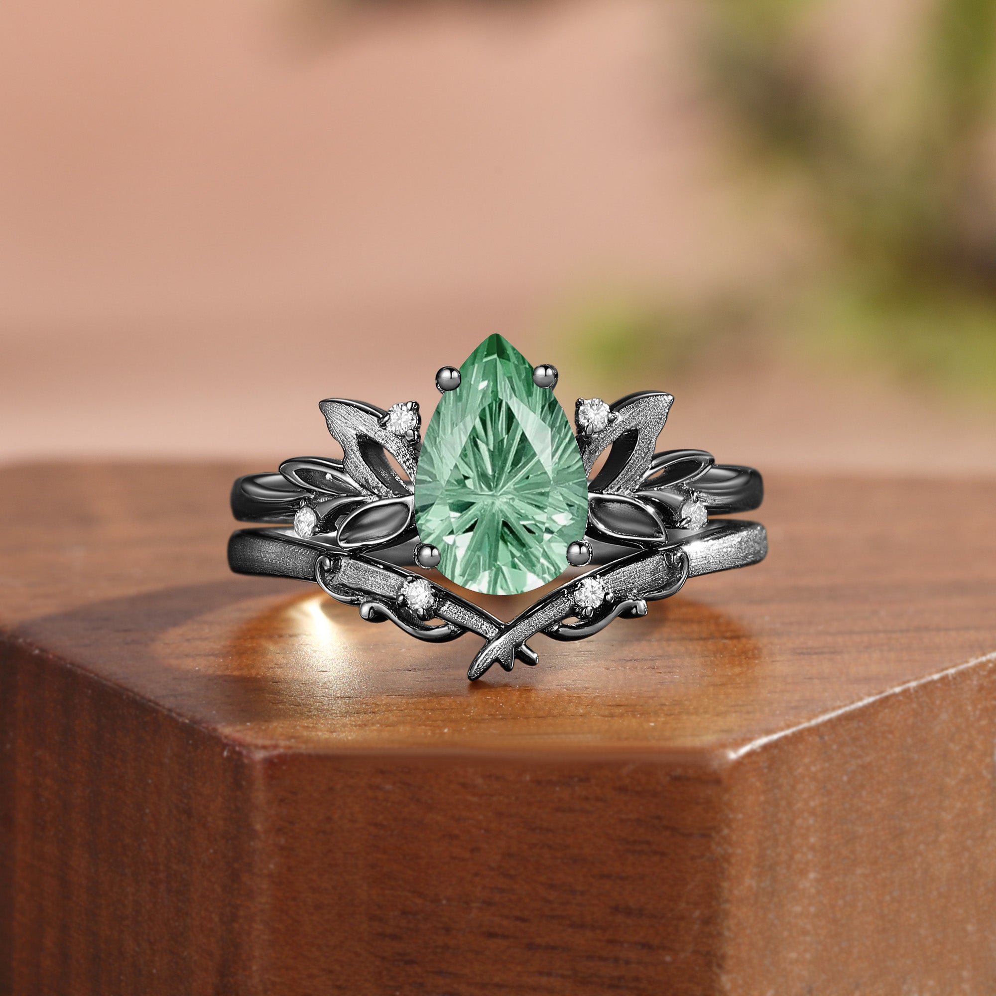 Wind Fairy  Firework Cut Pear Green Sapphire Leafy Bridal Set 2pcs - Ines