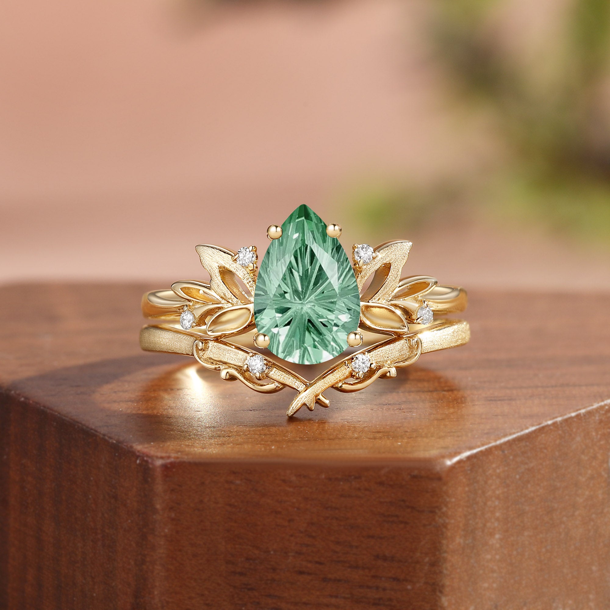 Wind Fairy  Firework Cut Pear Green Sapphire Leafy Bridal Set 2pcs - Ines