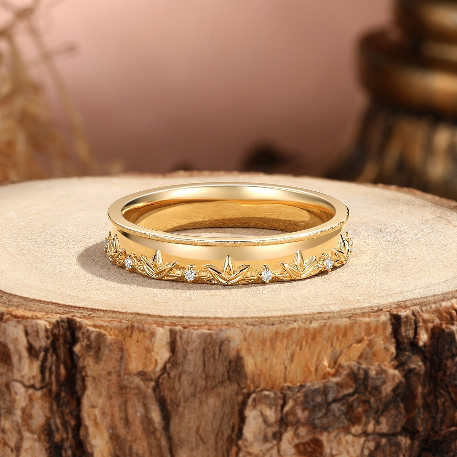 5MM Leaf Flower Moissanite Promise Gold Men Rings