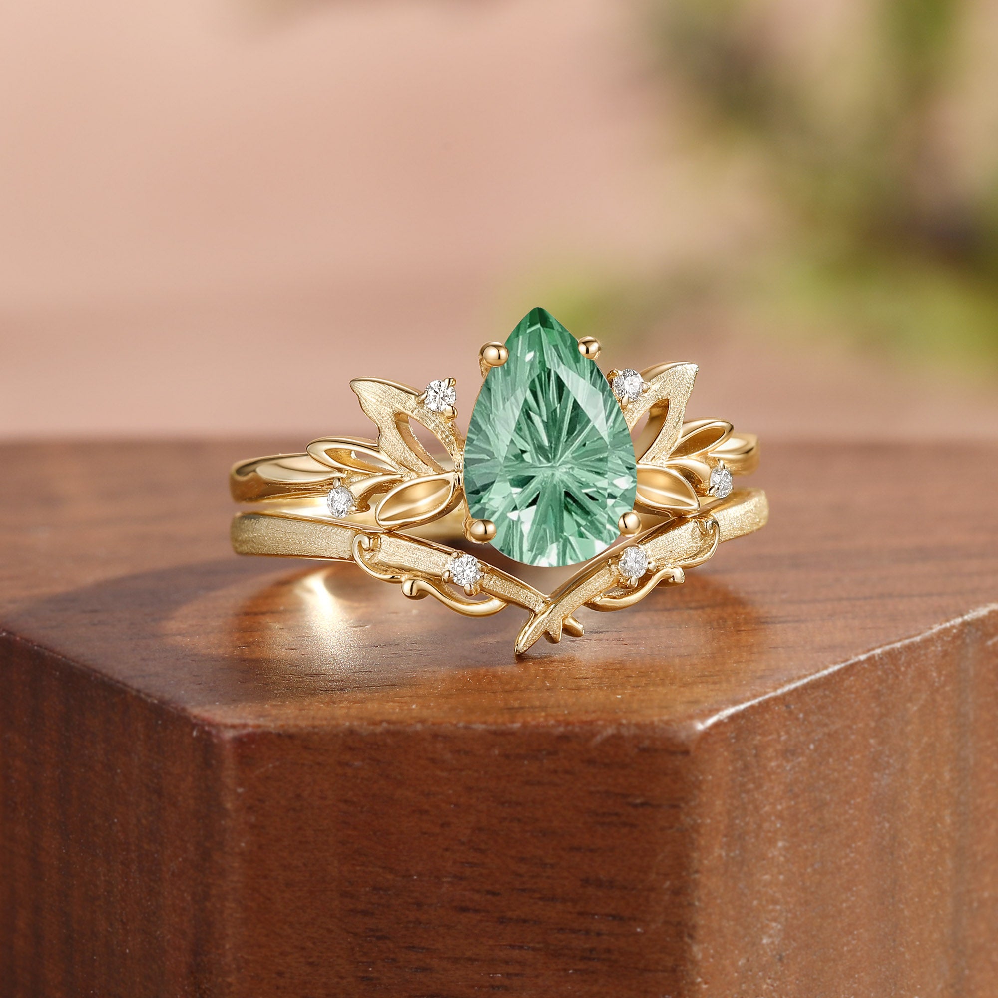 Wind Fairy  Firework Cut Pear Green Sapphire Leafy Bridal Set 2pcs - Ines