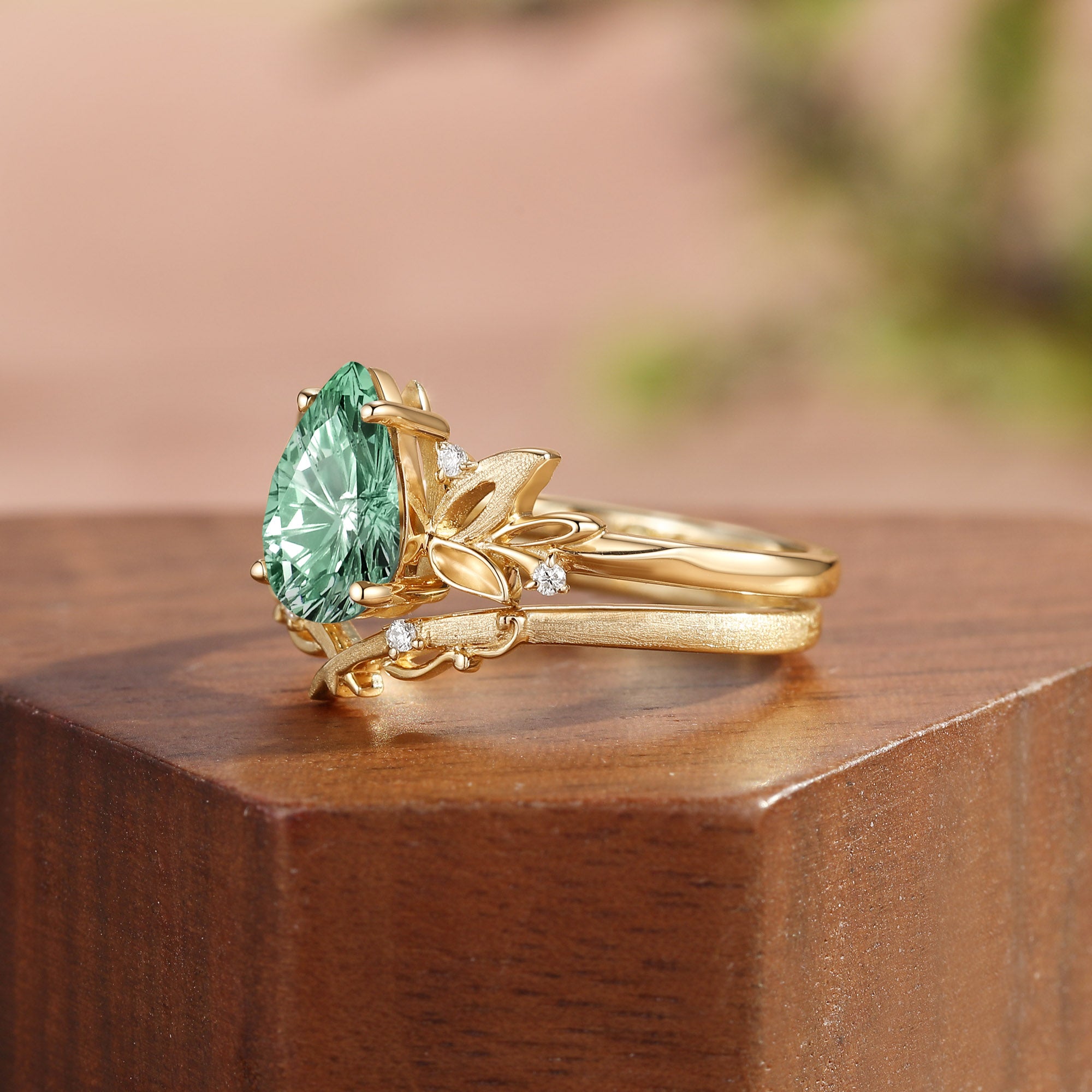 Wind Fairy  Firework Cut Pear Green Sapphire Leafy Bridal Set 2pcs - Ines