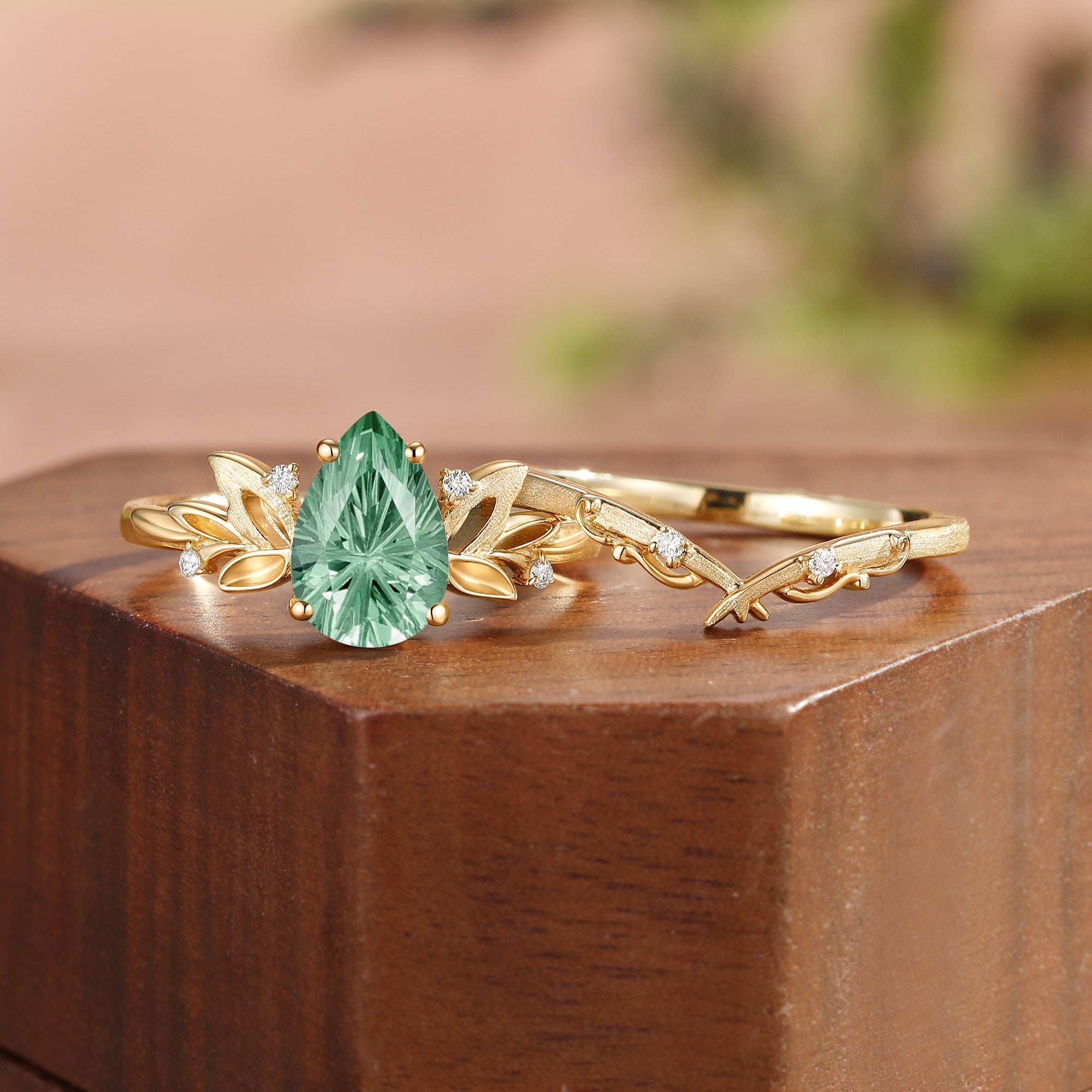Wind Fairy  Firework Cut Pear Green Sapphire Leafy Bridal Set 2pcs - Ines