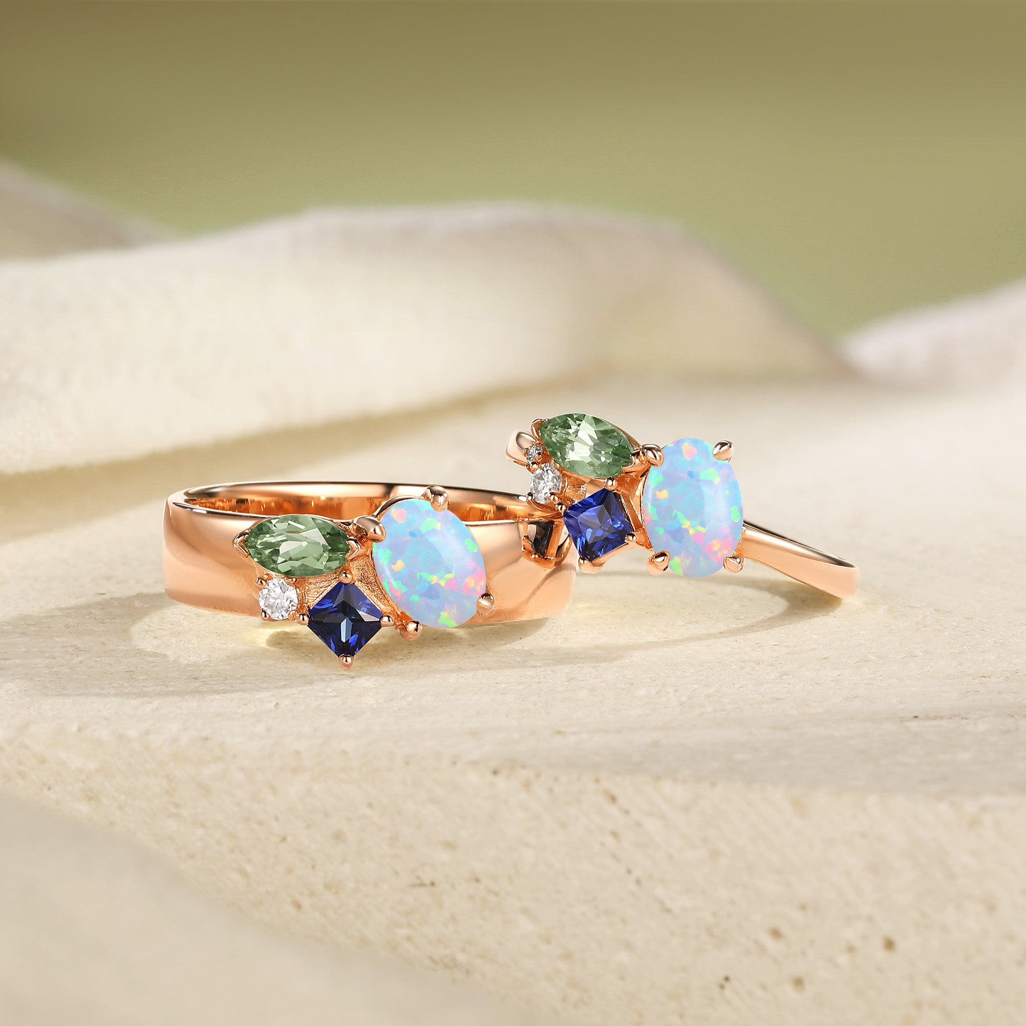 Three-Stone Opal And Sapphire Vine Cluster Couple Ring