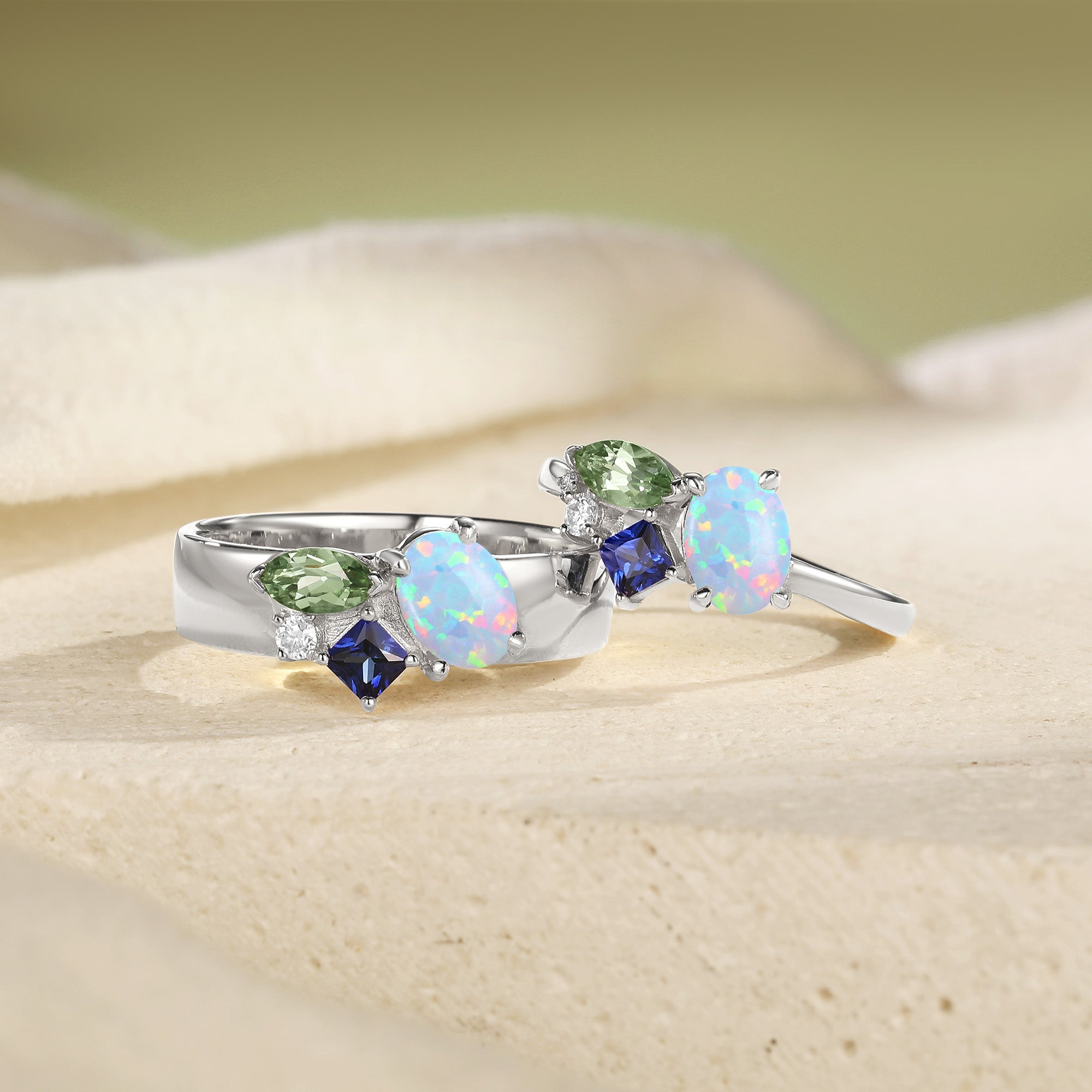 Three-Stone Opal And Sapphire Vine Cluster Couple Ring
