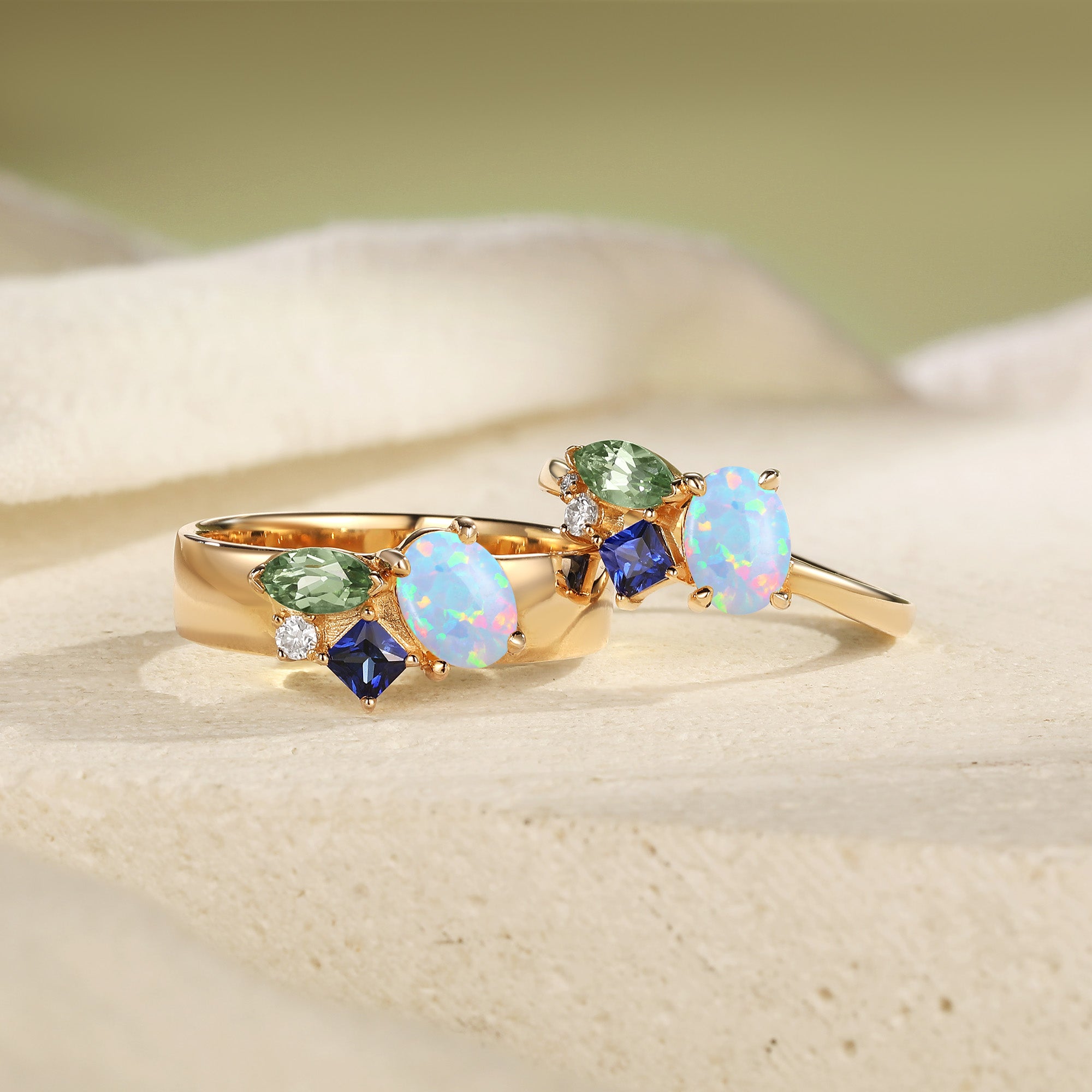Three-Stone Opal And Sapphire Vine Cluster Couple Ring