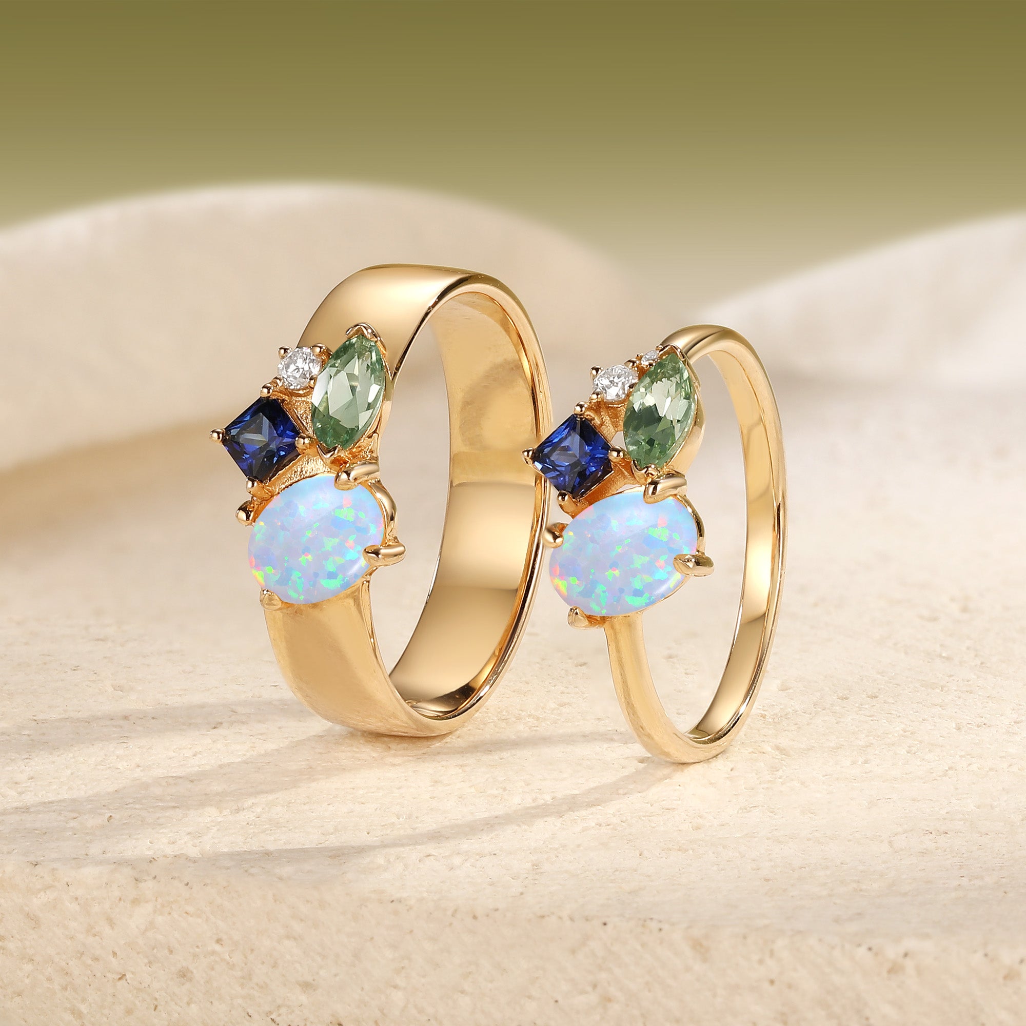 Three-Stone Opal And Sapphire Vine Cluster Couple Ring