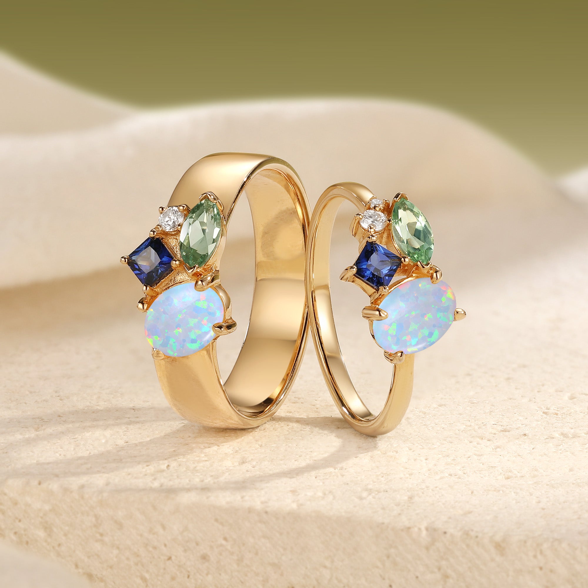 Three-Stone Opal And Sapphire Vine Cluster Couple Ring