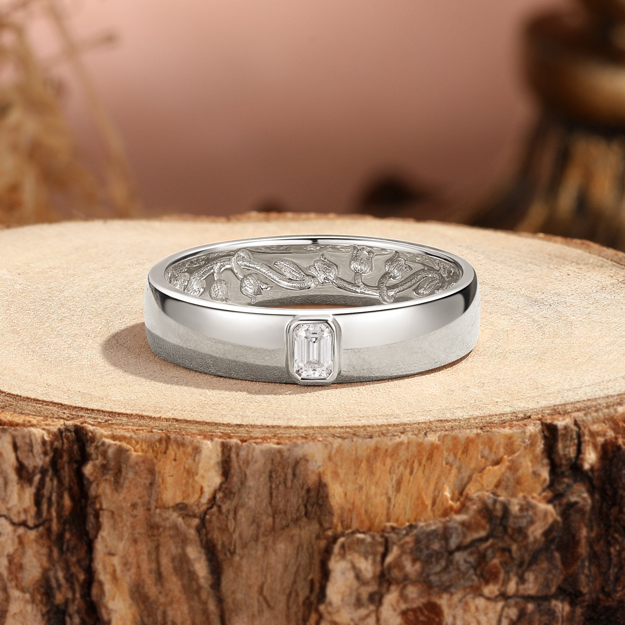 Men Band - Art Deco Emerald Cut Moissanite Flower Engraved Ring