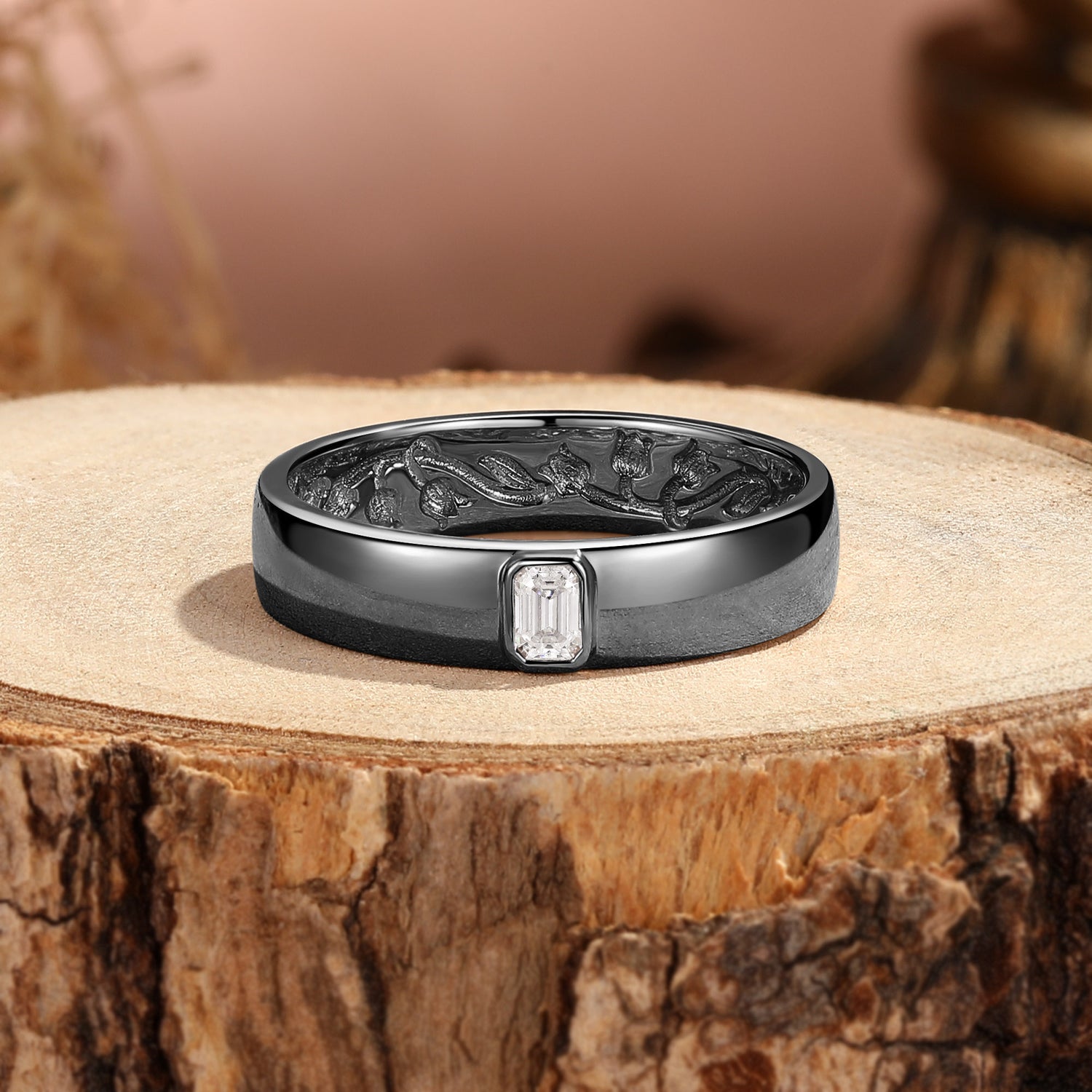 Men Band - Art Deco Emerald Cut Moissanite Flower Engraved Ring