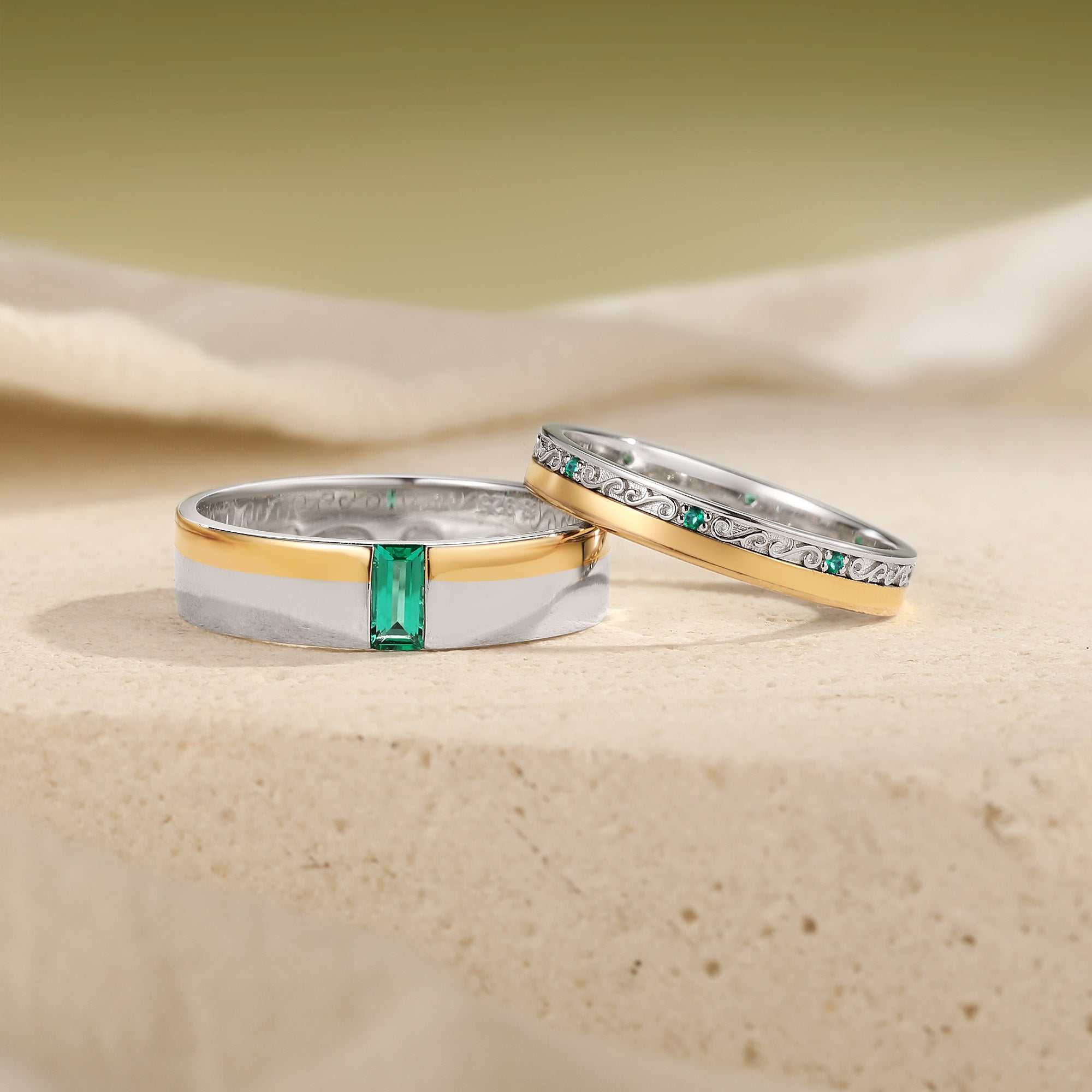 Two-Tone Emerald Filigree Couple Wedding Band