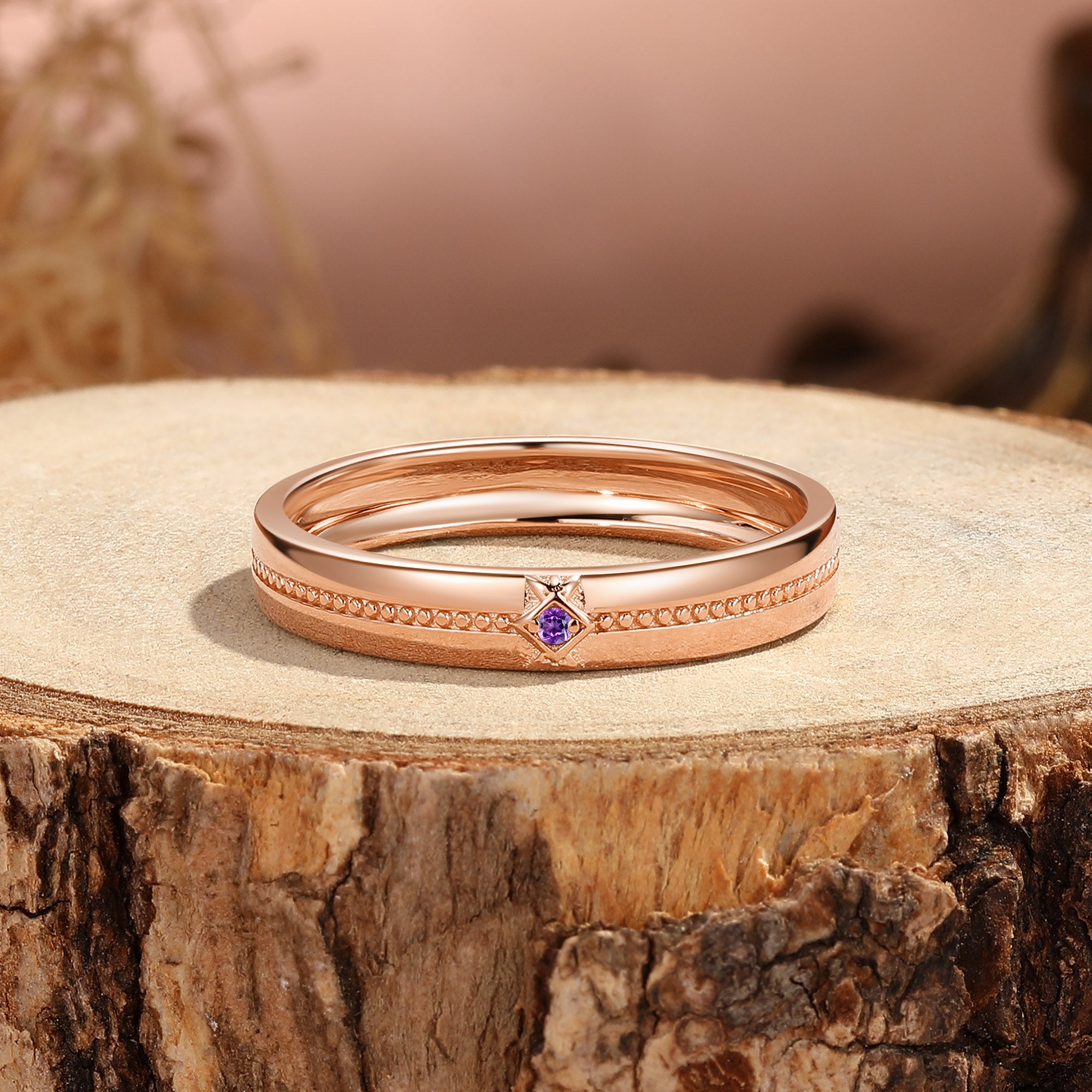 Filigree Engraved round Amethyst Solid Gold Men's Wedding Ring