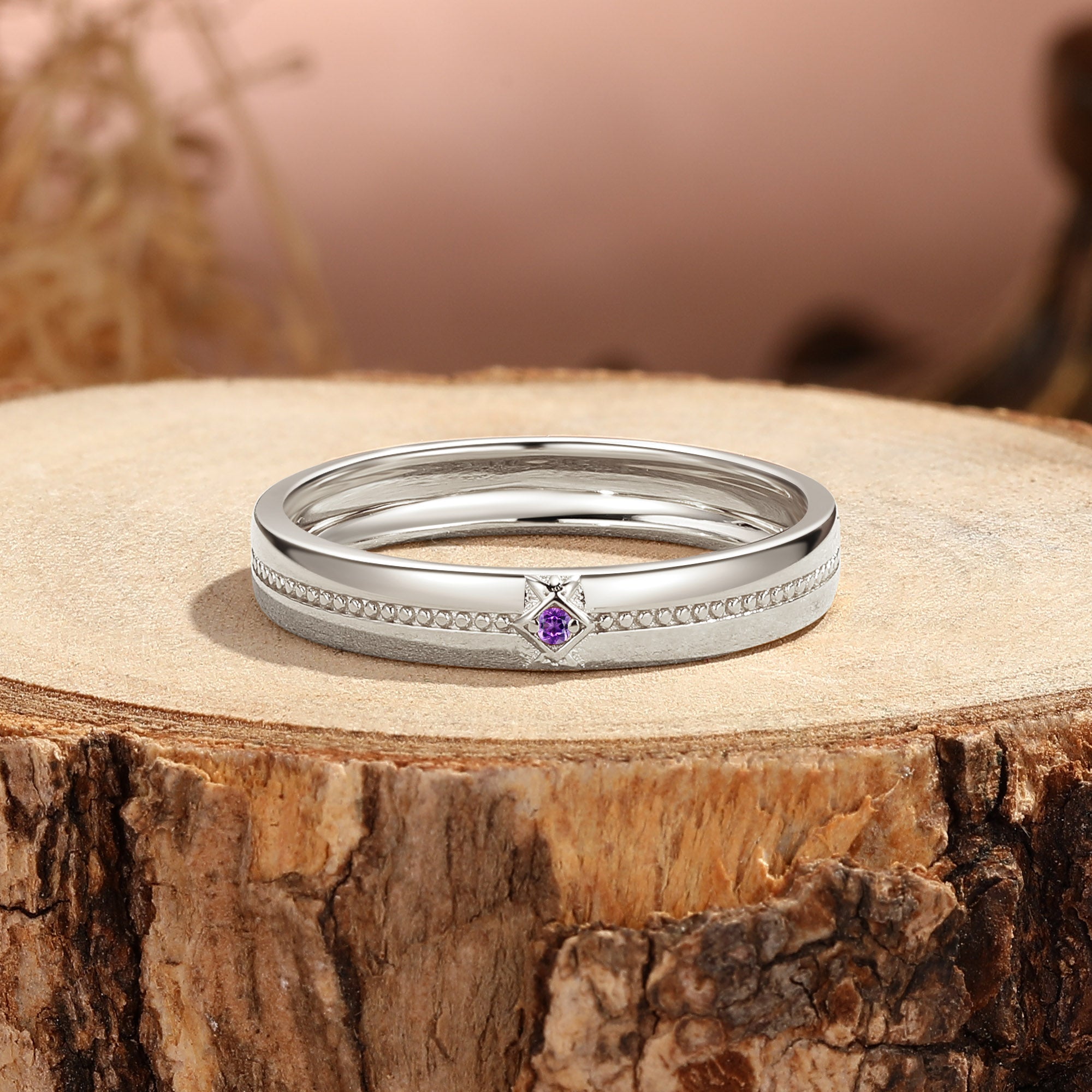 Filigree Engraved round Amethyst Solid Gold Men's Wedding Ring