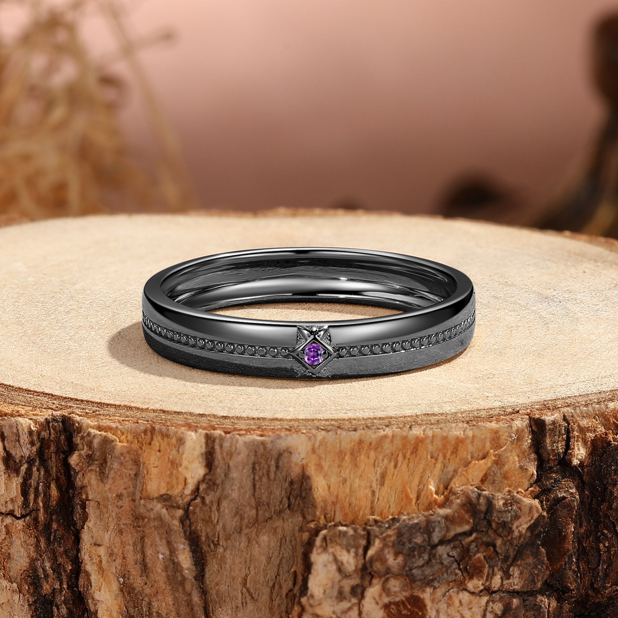 Filigree Engraved round Amethyst Solid Gold Men's Wedding Ring