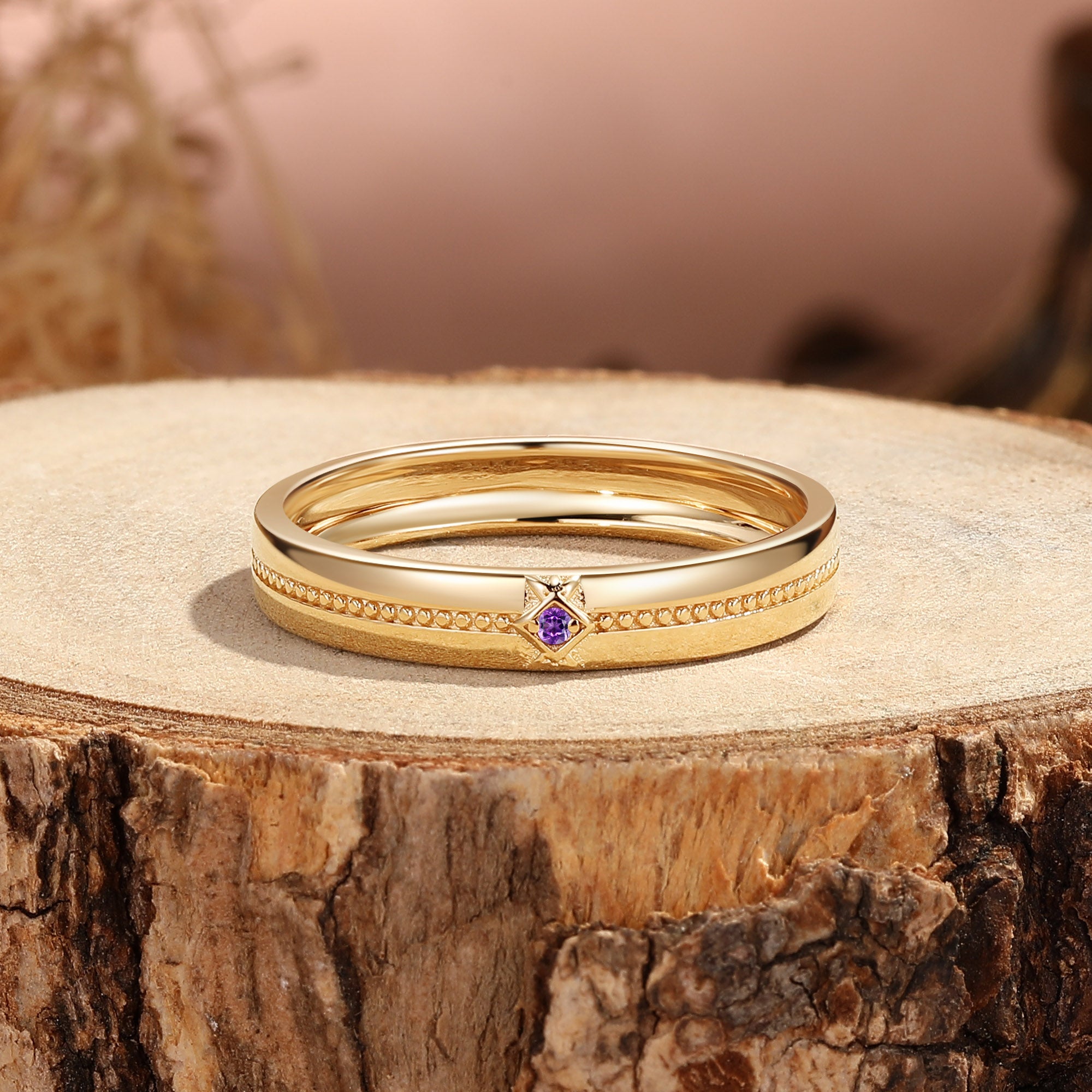 Filigree Engraved round Amethyst Solid Gold Men's Wedding Ring