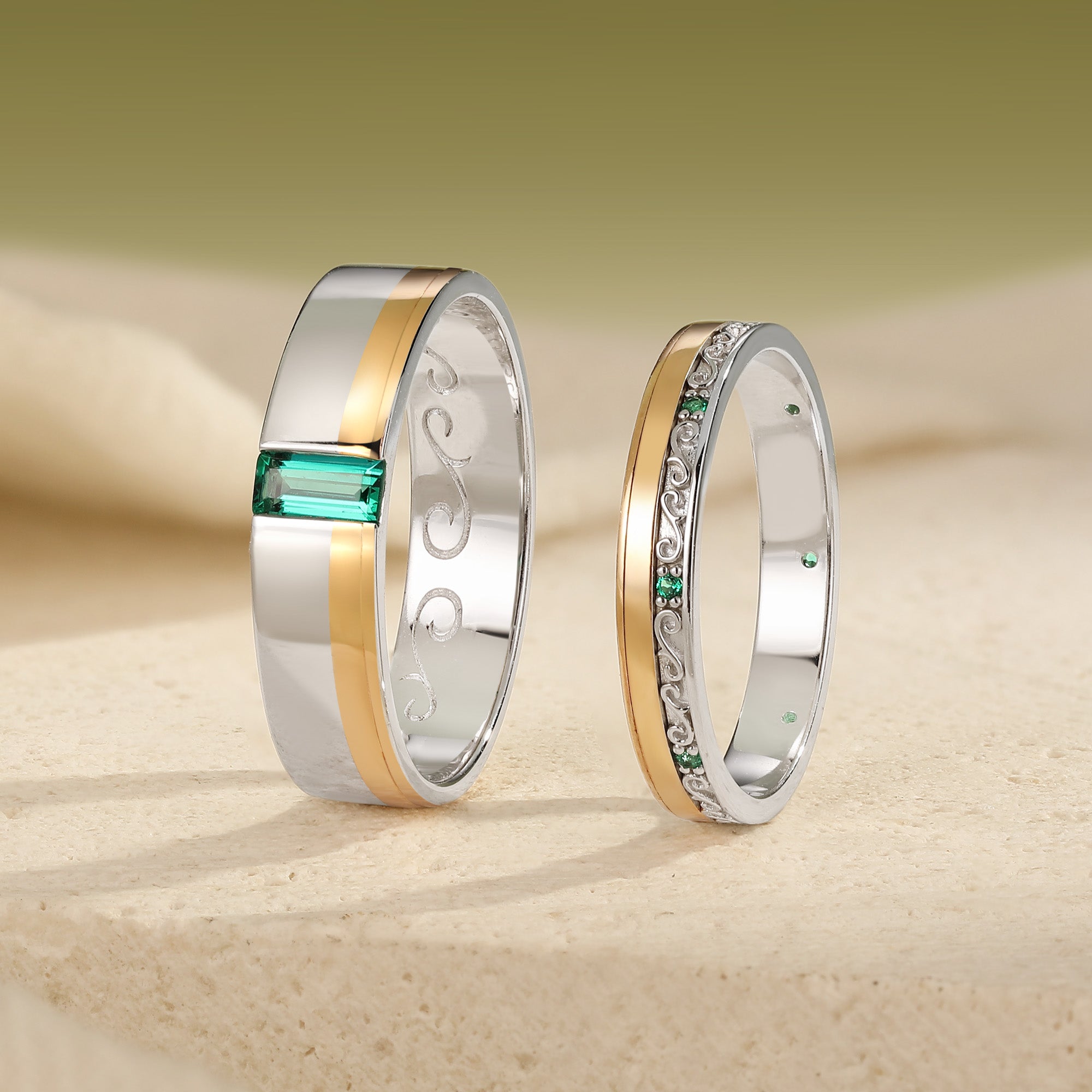 Two-Tone Emerald Filigree Couple Wedding Band