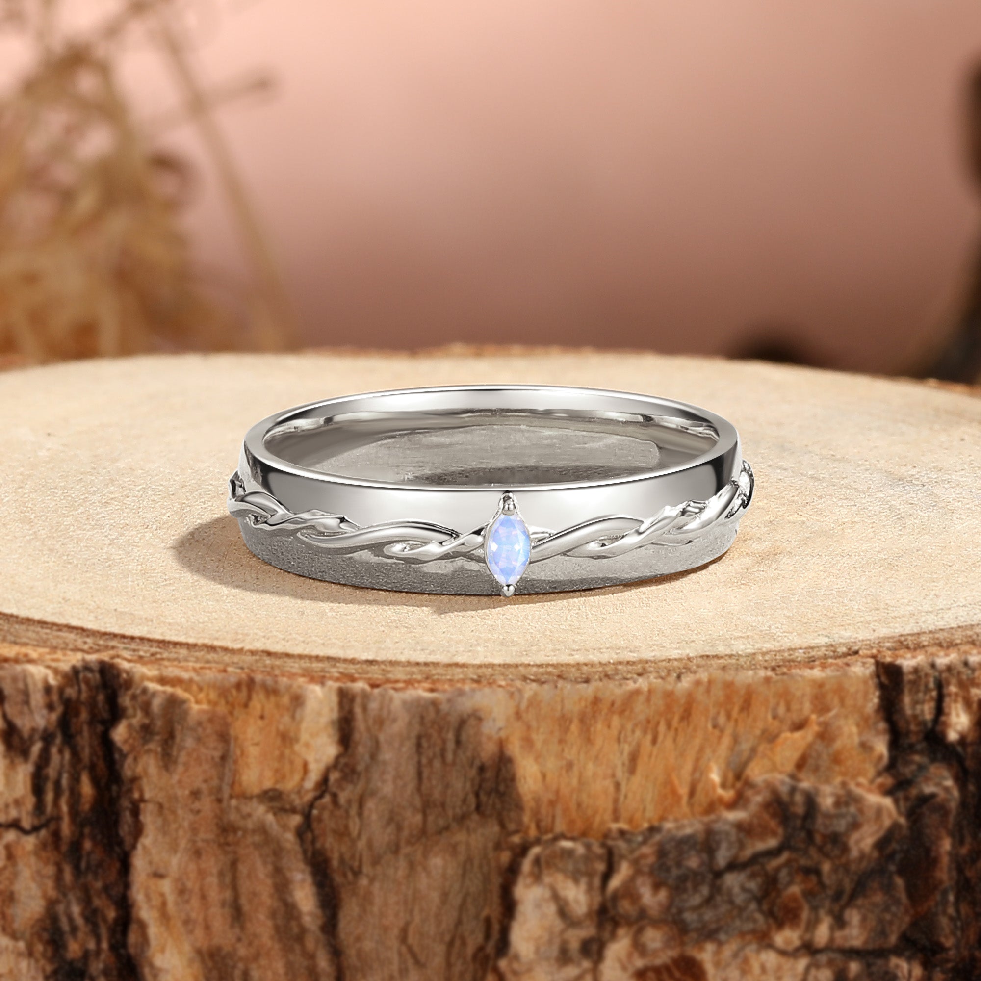 Men Band - Art Deco Marquise Cut Moonstone Twist Engraved Ring