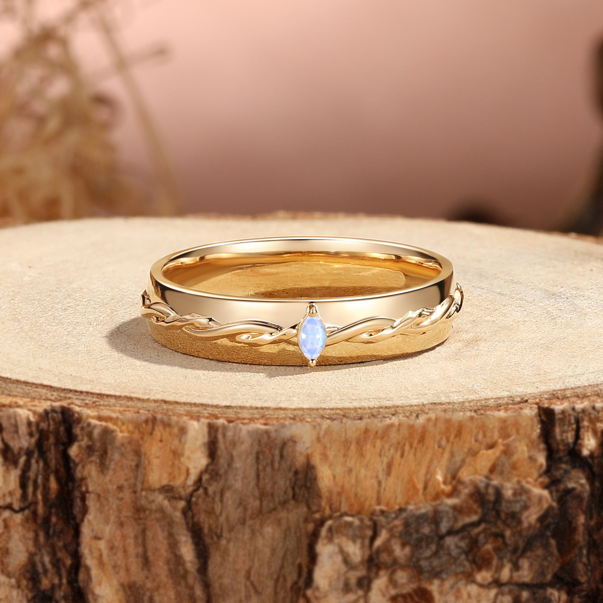 Men Band - Art Deco Marquise Cut Moonstone Twist Engraved Ring