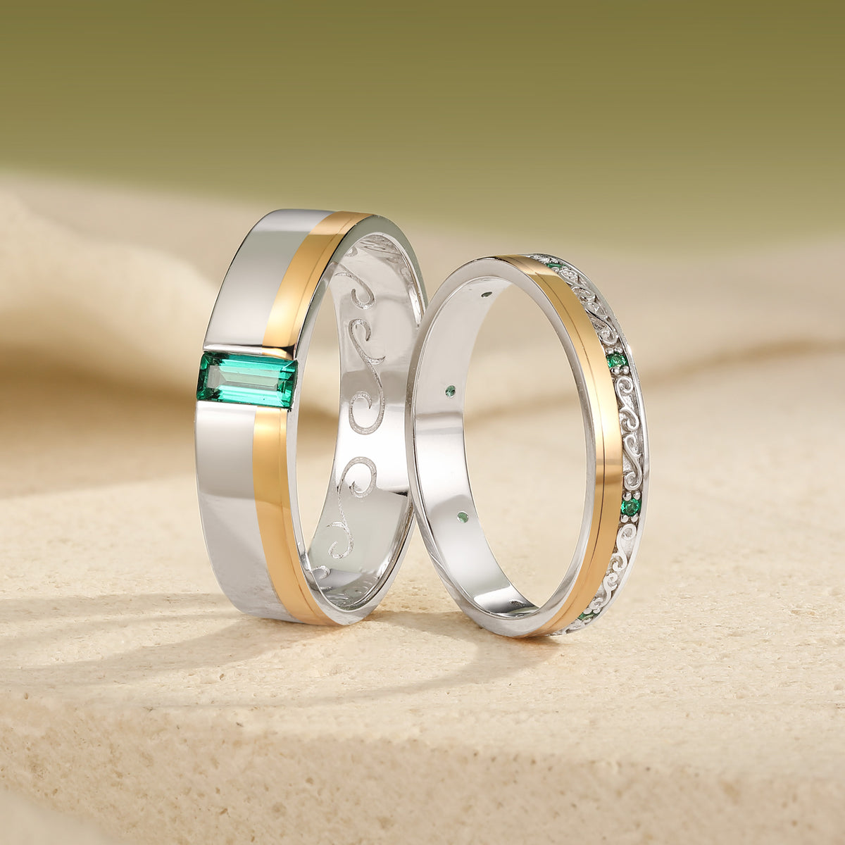 Two-Tone Emerald Filigree Couple Wedding Band
