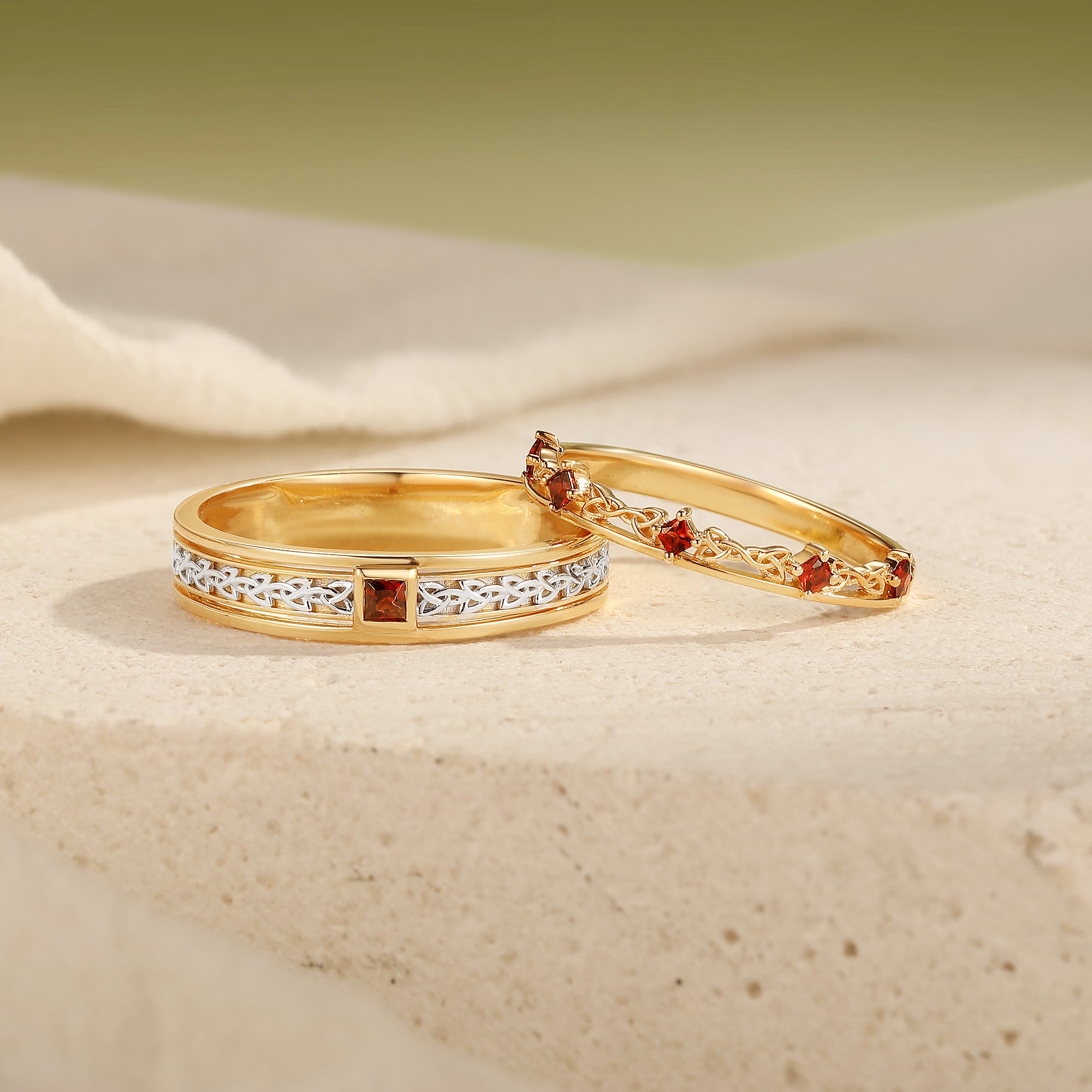 Two-Tone Garnet Celtic Knot Couple Wedding Band