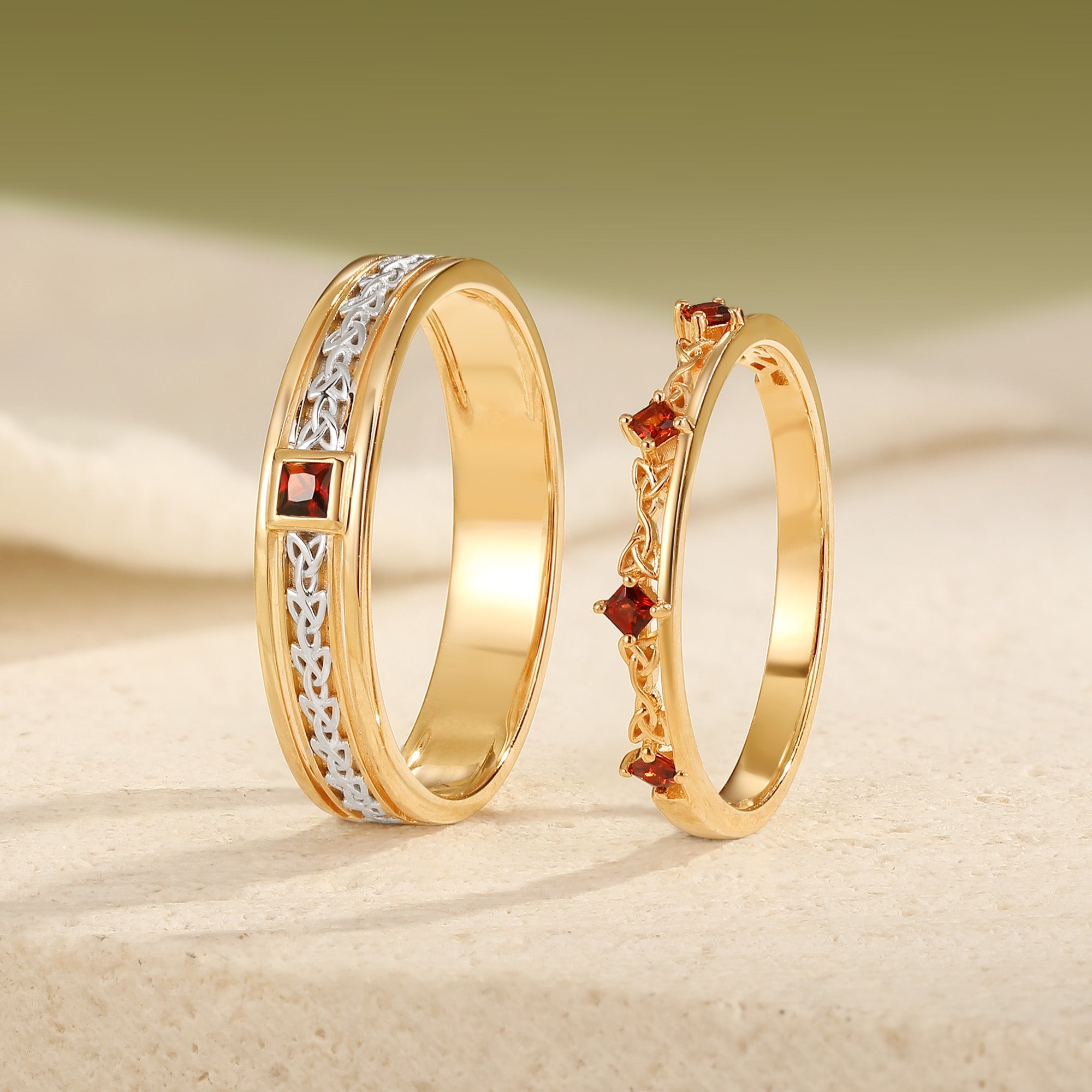 Two-Tone Garnet Celtic Knot Couple Wedding Band