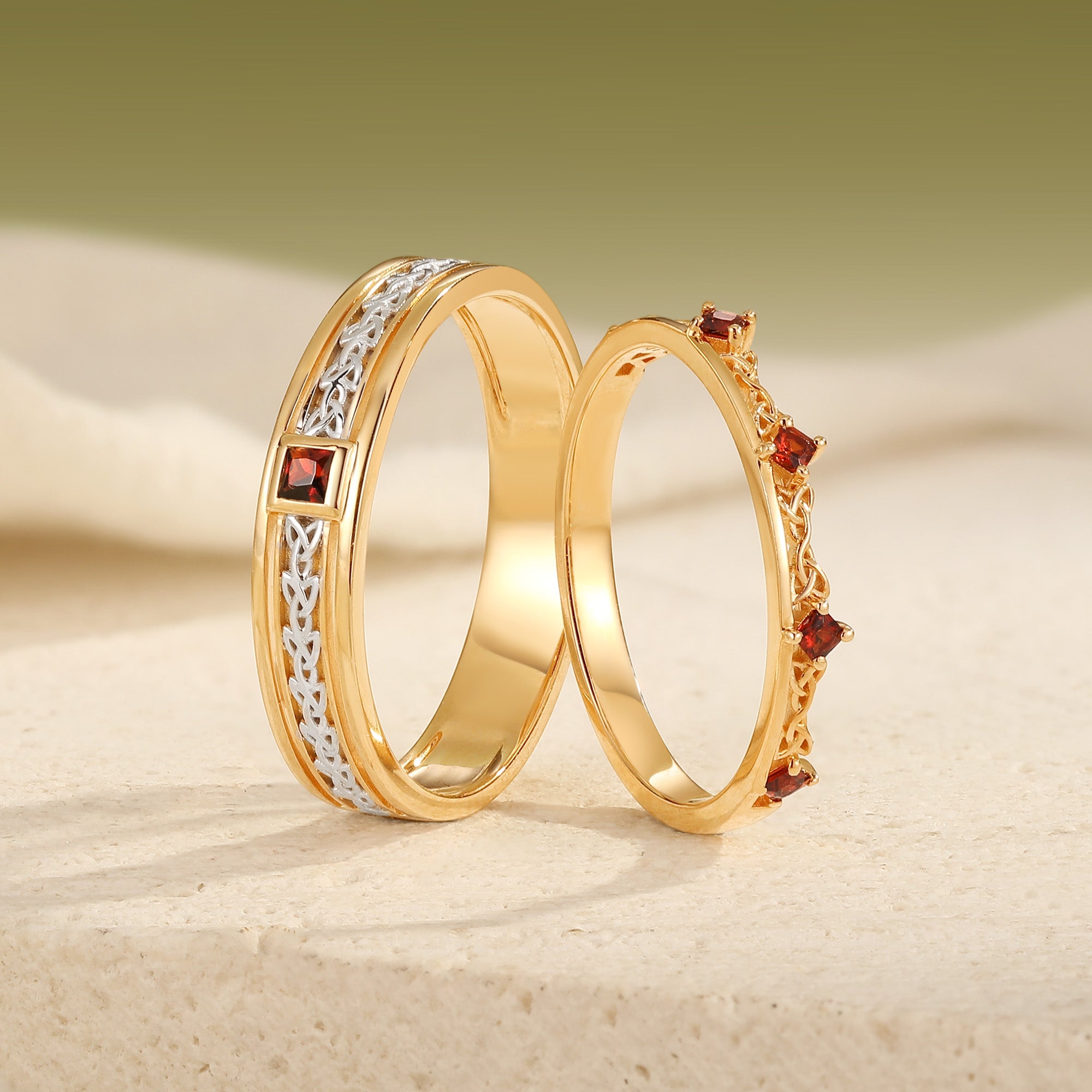 Two-Tone Garnet Celtic Knot Couple Wedding Band