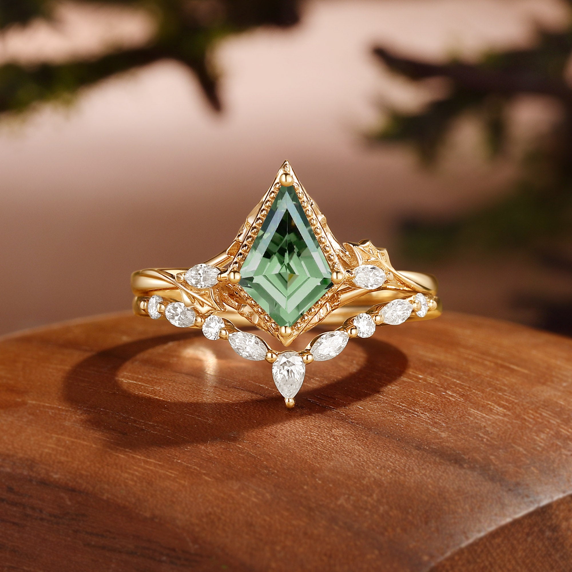 Unique Bazel Green Sapphire Kite Cut Vintage nature inspired Ring Set 2pcs - Katherine