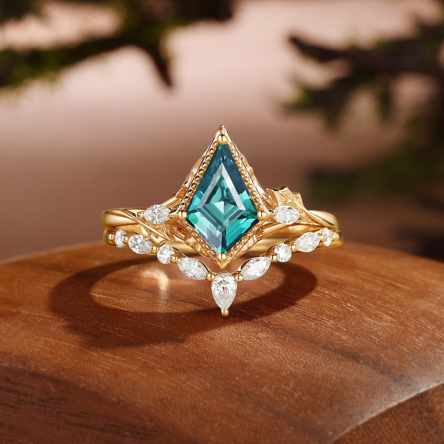 Unique Bazel Teal Sapphire Kite Cut Vintage nature inspired Ring Set 2pcs - Katherine