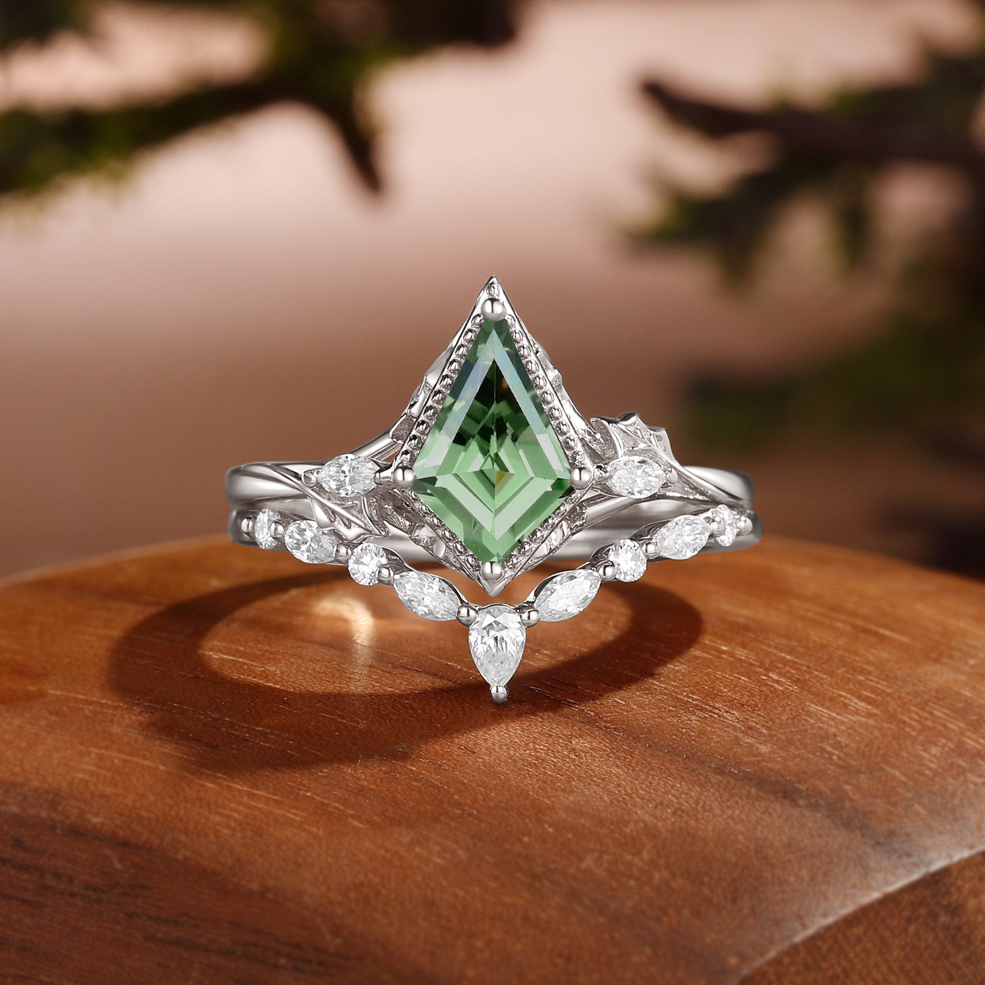 Unique Bazel Green Sapphire Kite Cut Vintage nature inspired Ring Set 2pcs - Katherine