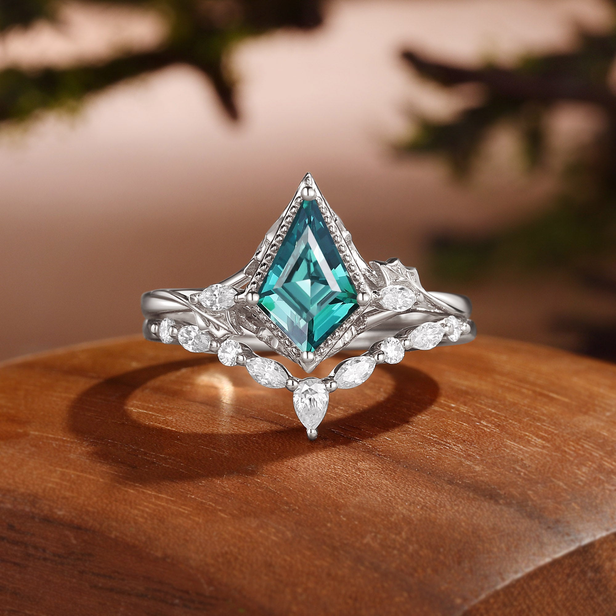 Unique Bazel Teal Sapphire Kite Cut Vintage nature inspired Ring Set 2pcs - Katherine