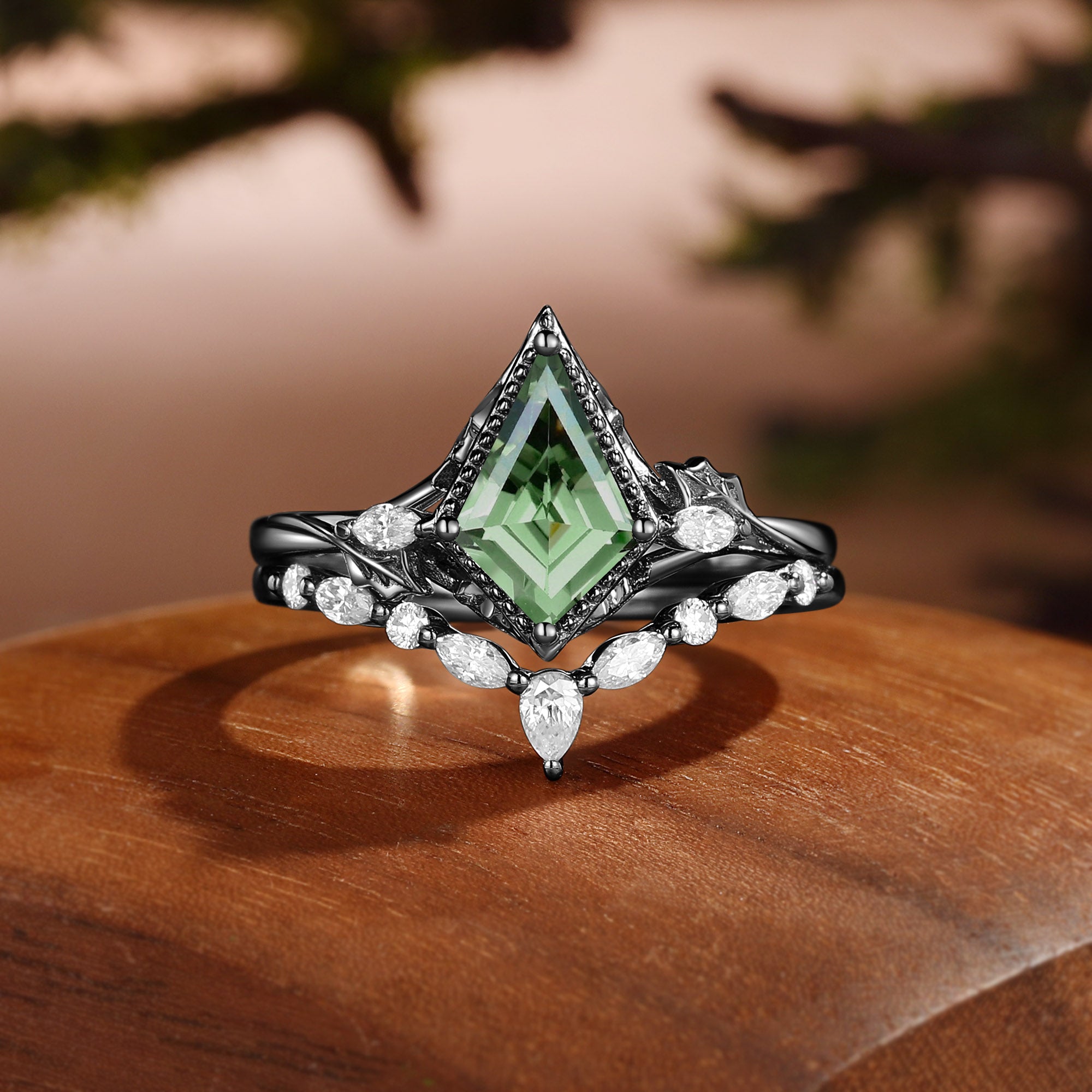 Unique Bazel Green Sapphire Kite Cut Vintage nature inspired Ring Set 2pcs - Katherine