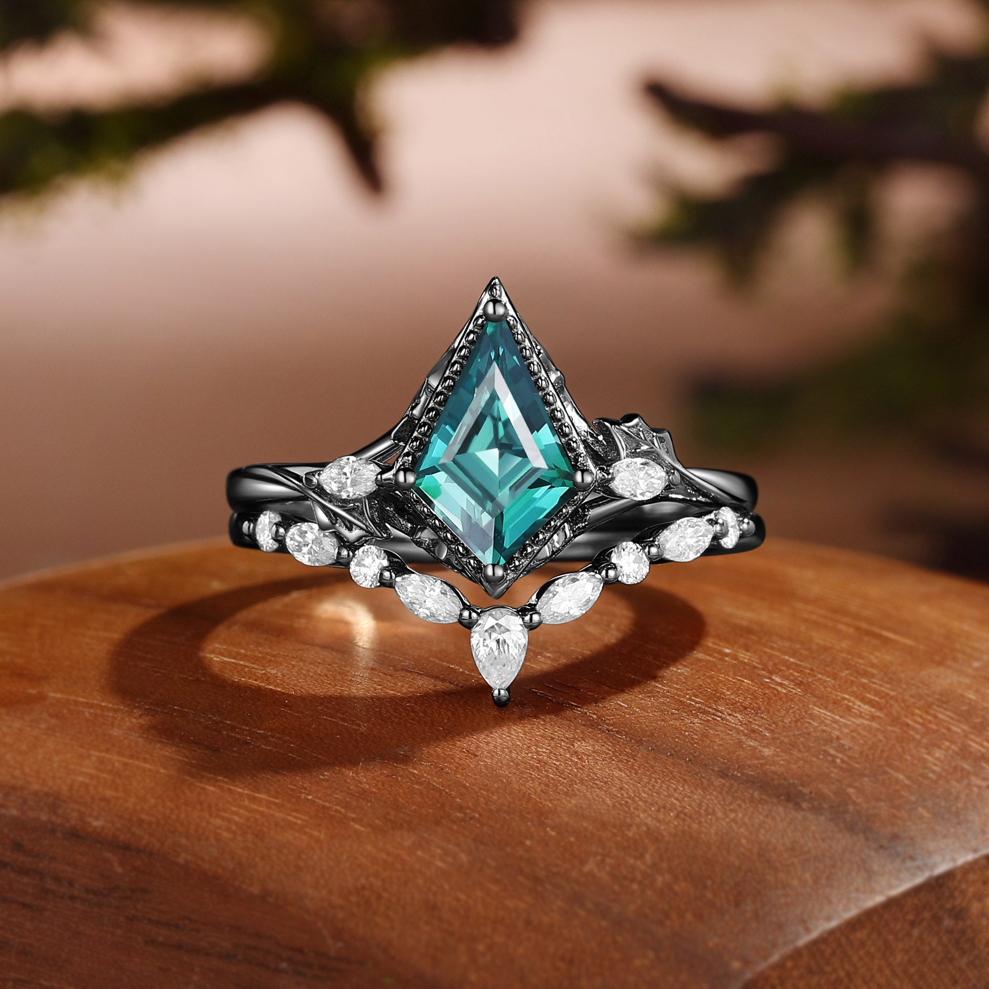 Unique Bazel Teal Sapphire Kite Cut Vintage nature inspired Ring Set 2pcs - Katherine