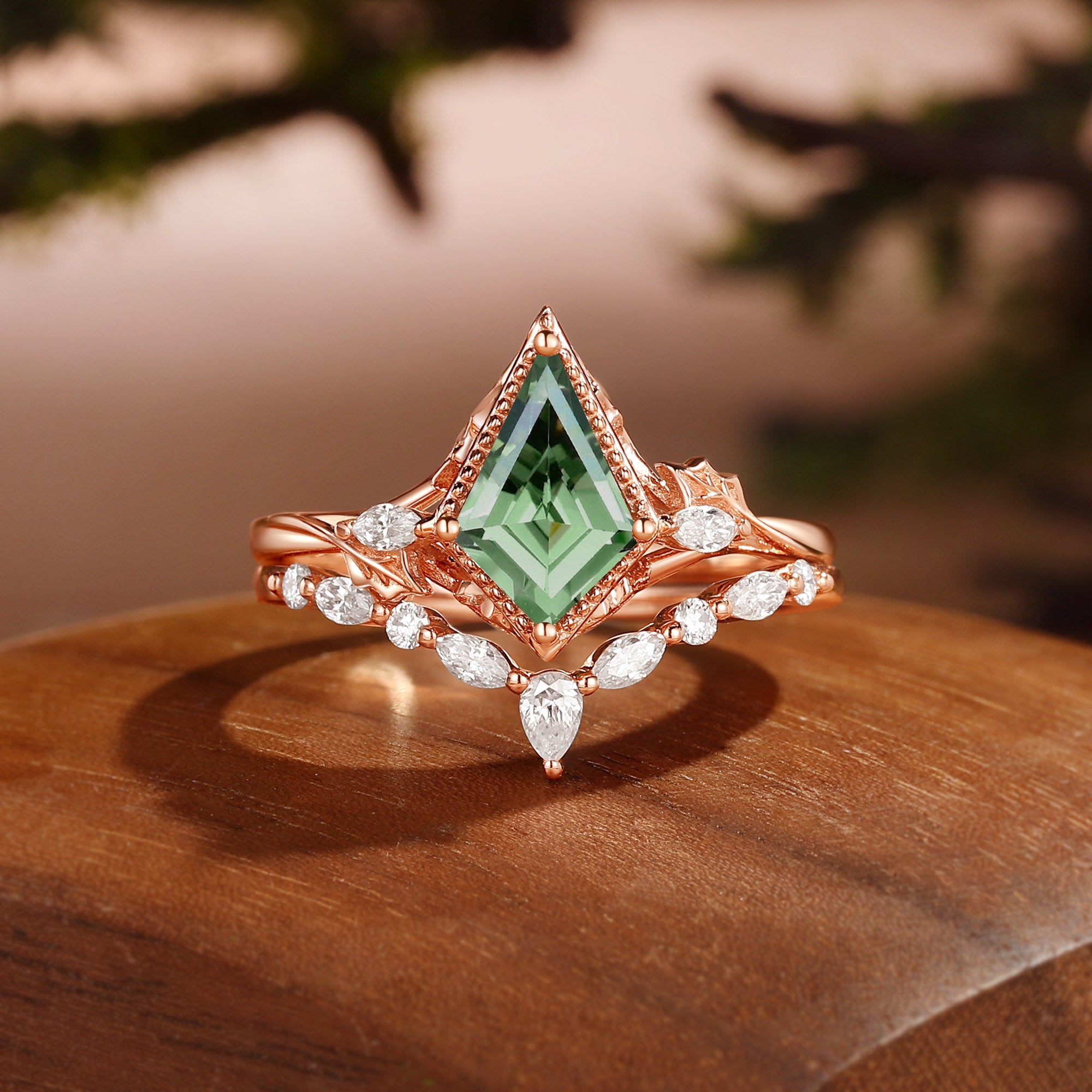 Unique Bazel Green Sapphire Kite Cut Vintage nature inspired Ring Set 2pcs - Katherine