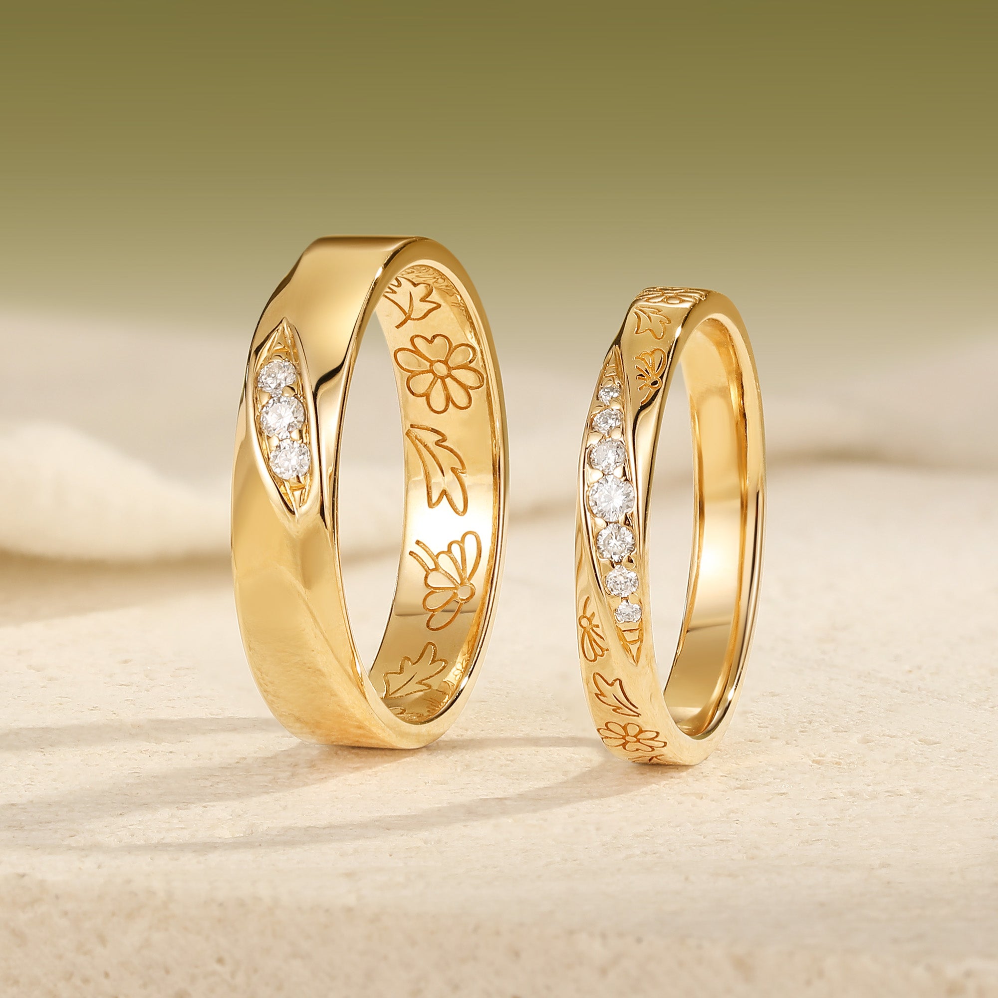 Vintage Moissanite Daisy Engraved Couple Wedding Band