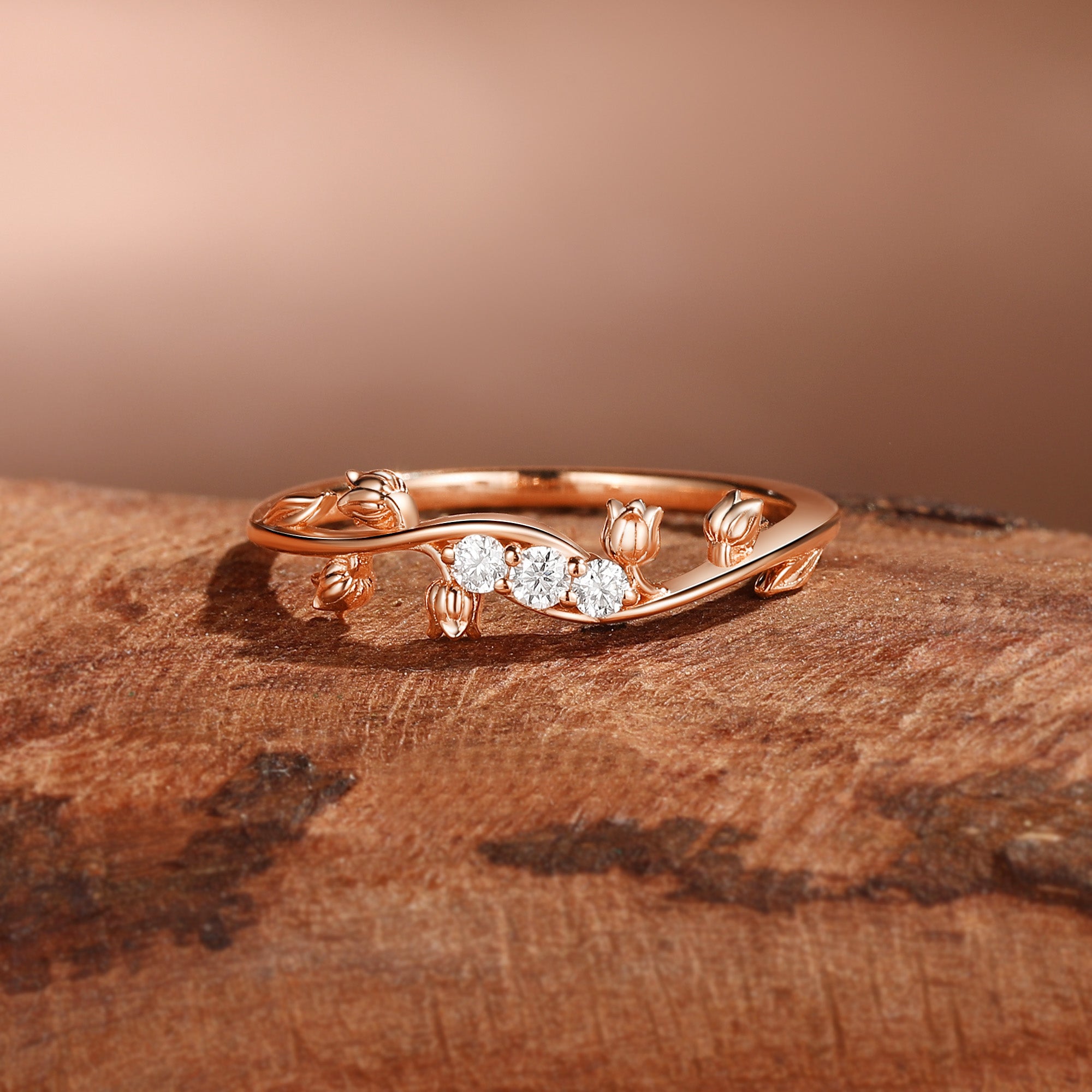 Unique Flower and Leaf Inspired Curved Moissanite Wedding Band