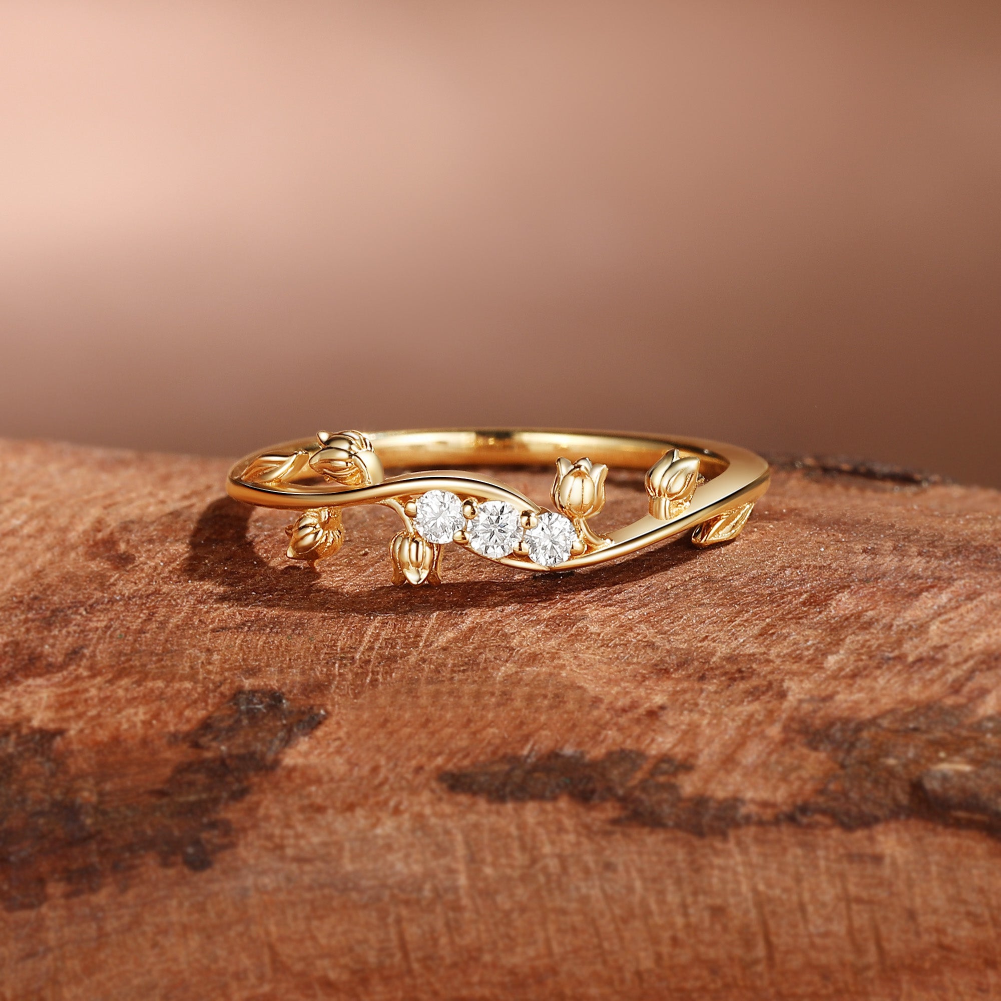 Unique Flower and Leaf Inspired Curved Moissanite Wedding Band