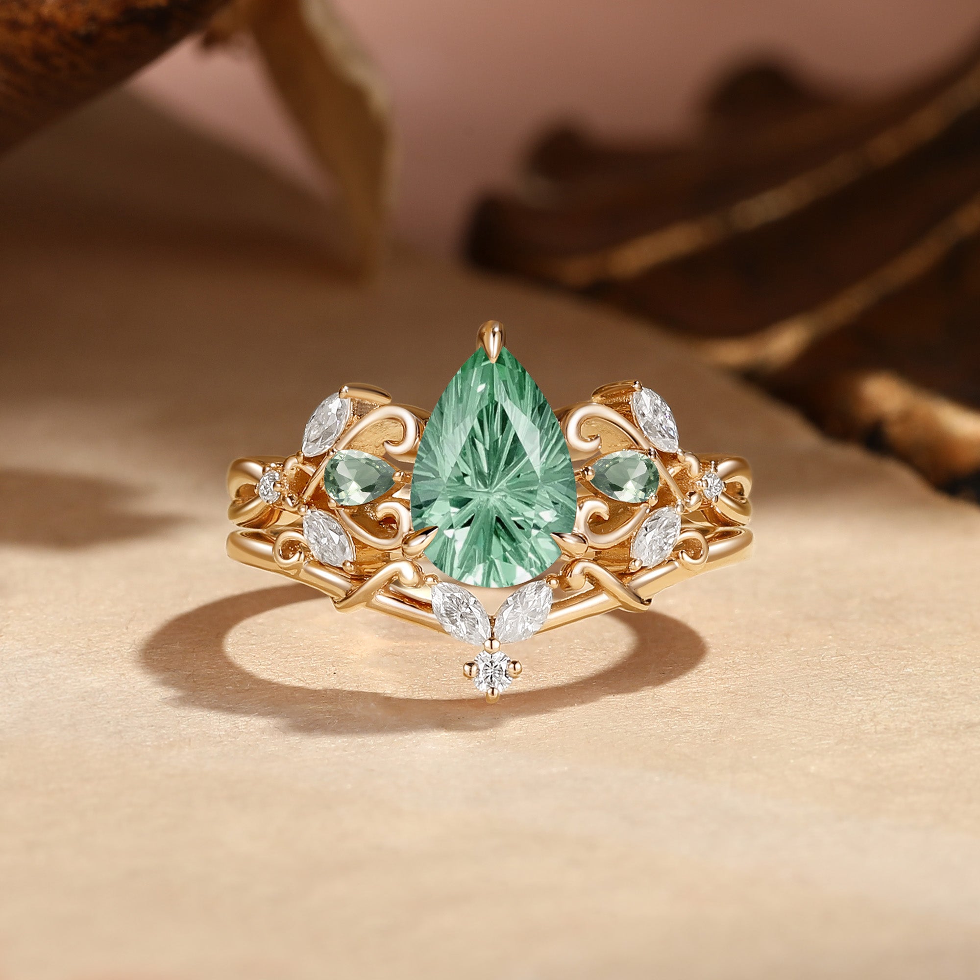 Drisana - Vintage Fireworks Cut Pear Green Sapphire Branch Bridal Set 2pcs