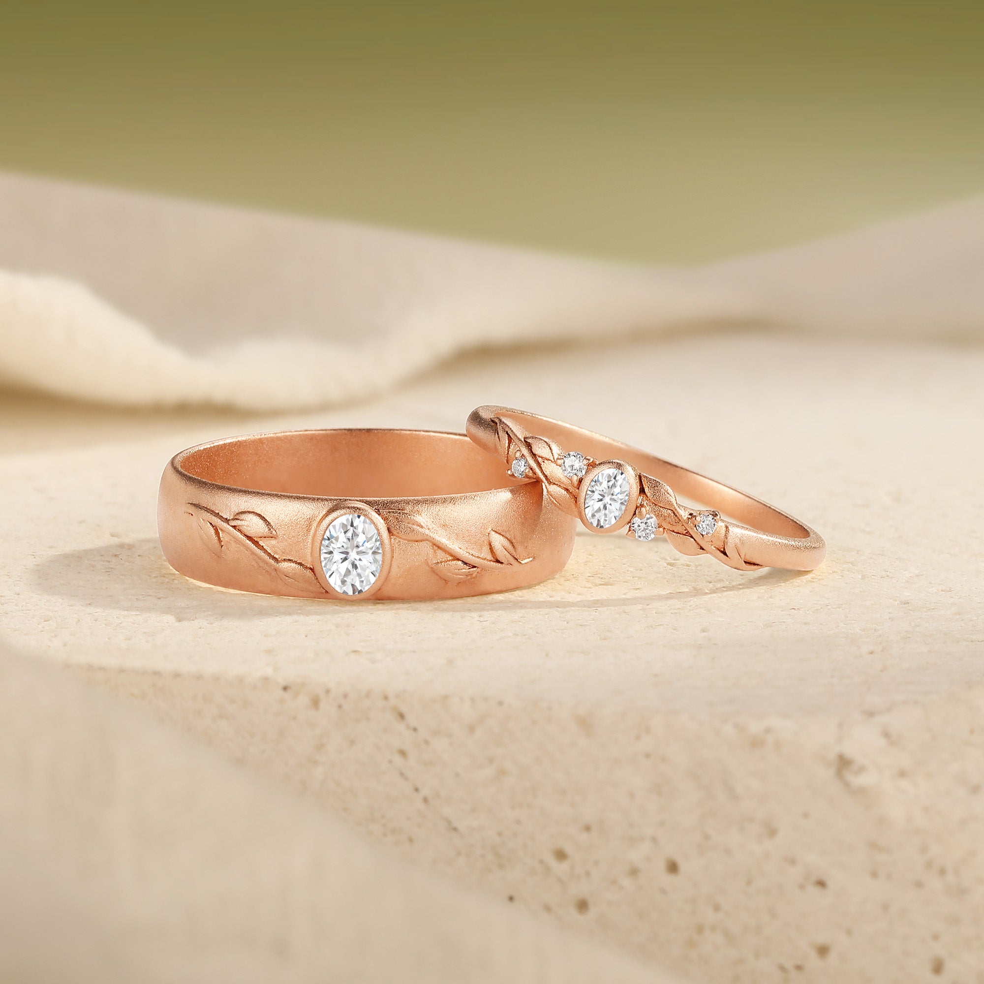 Nature-Inspired Moissanite Leaf Engraved Couple Wedding Band Set