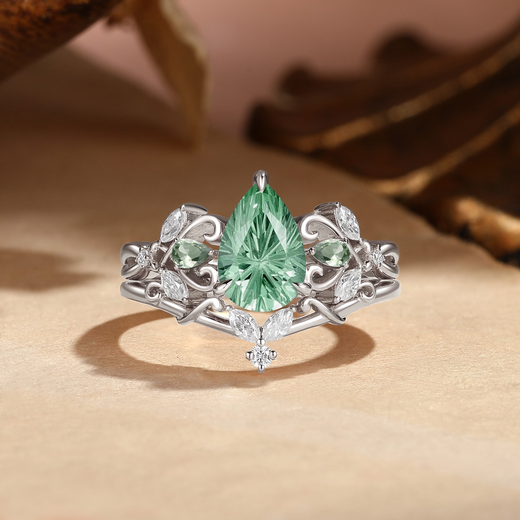 Drisana - Vintage Fireworks Cut Pear Green Sapphire Branch Bridal Set 2pcs