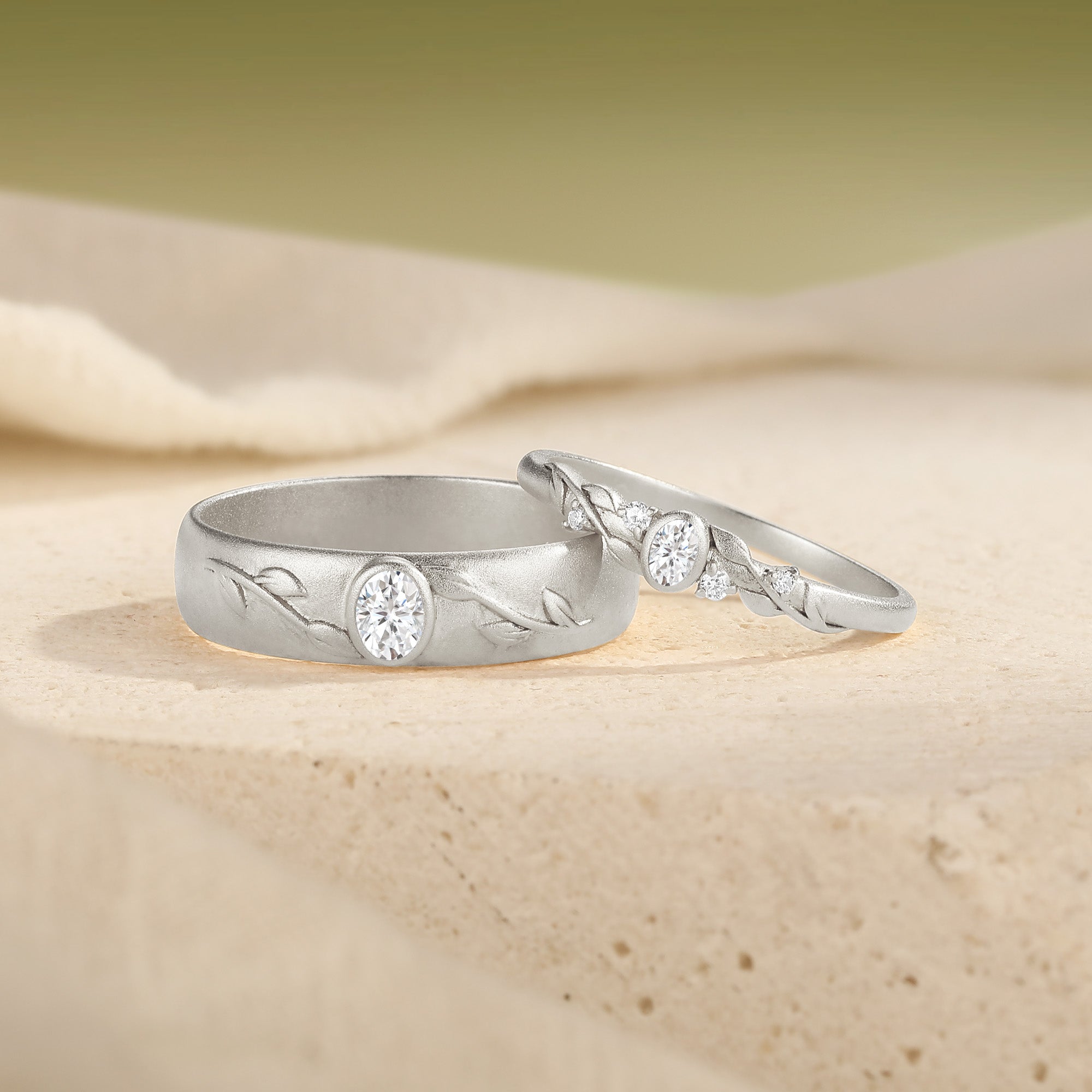 Nature-Inspired Moissanite Leaf Engraved Couple Wedding Band Set
