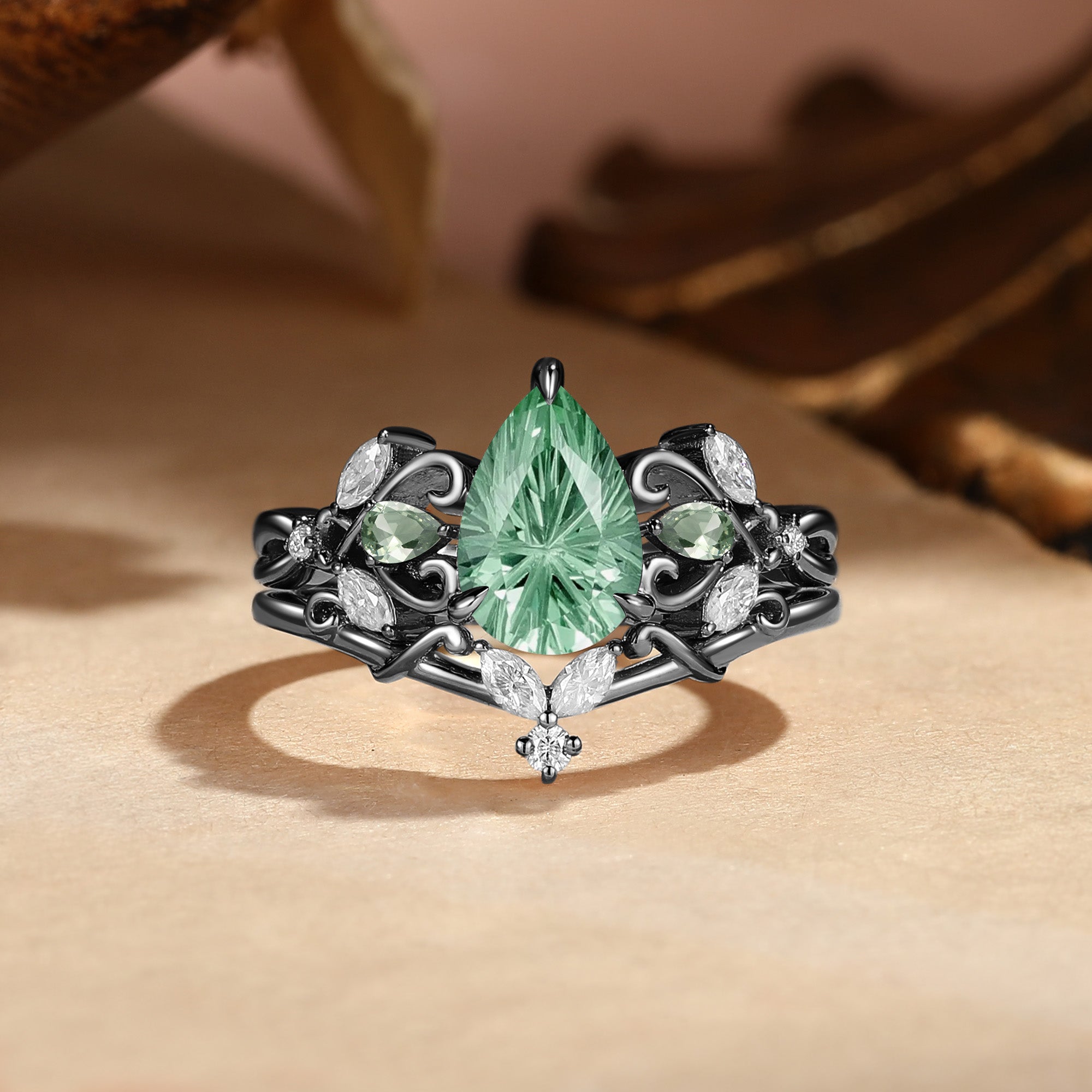 Drisana - Vintage Fireworks Cut Pear Green Sapphire Branch Bridal Set 2pcs