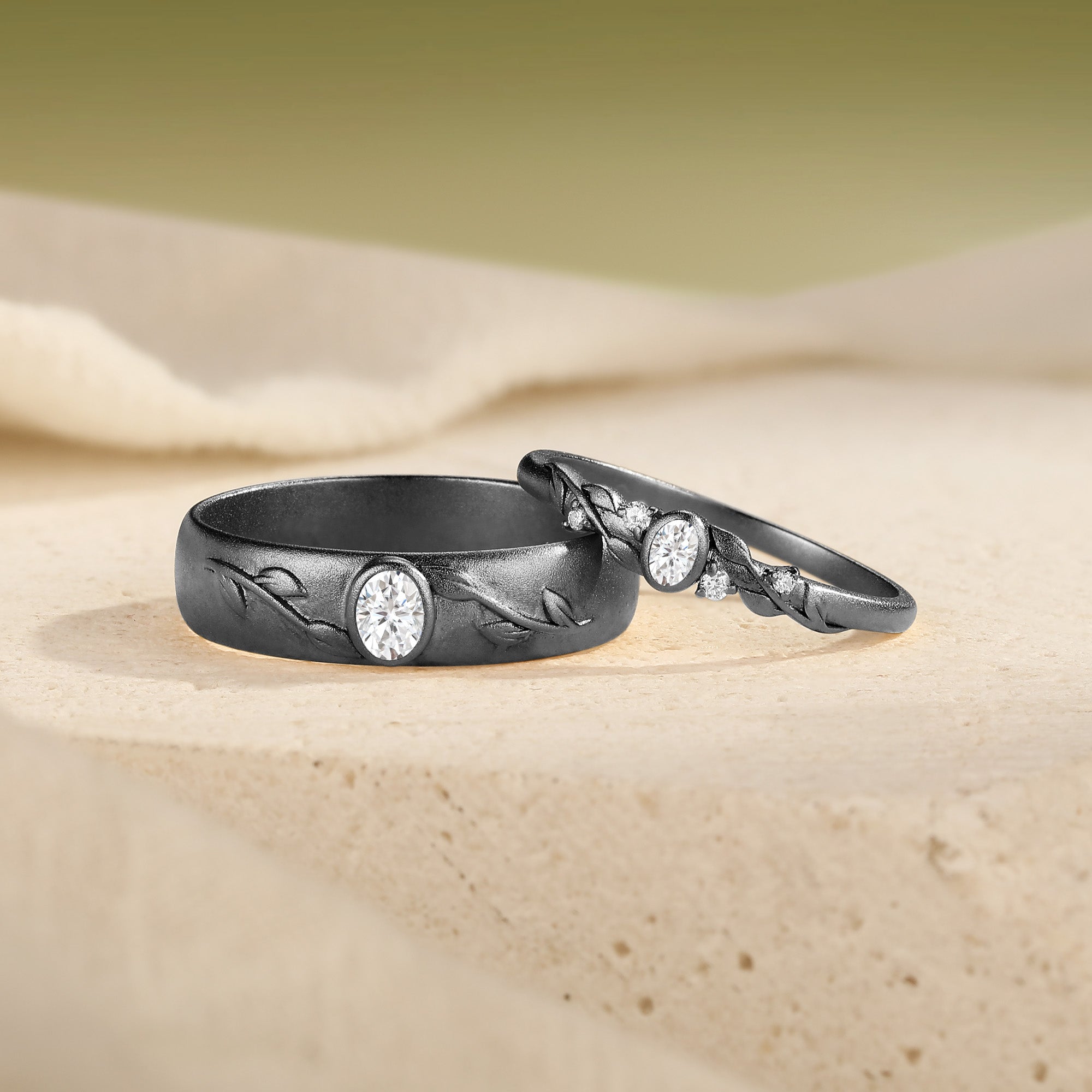Nature-Inspired Moissanite Leaf Engraved Couple Wedding Band Set