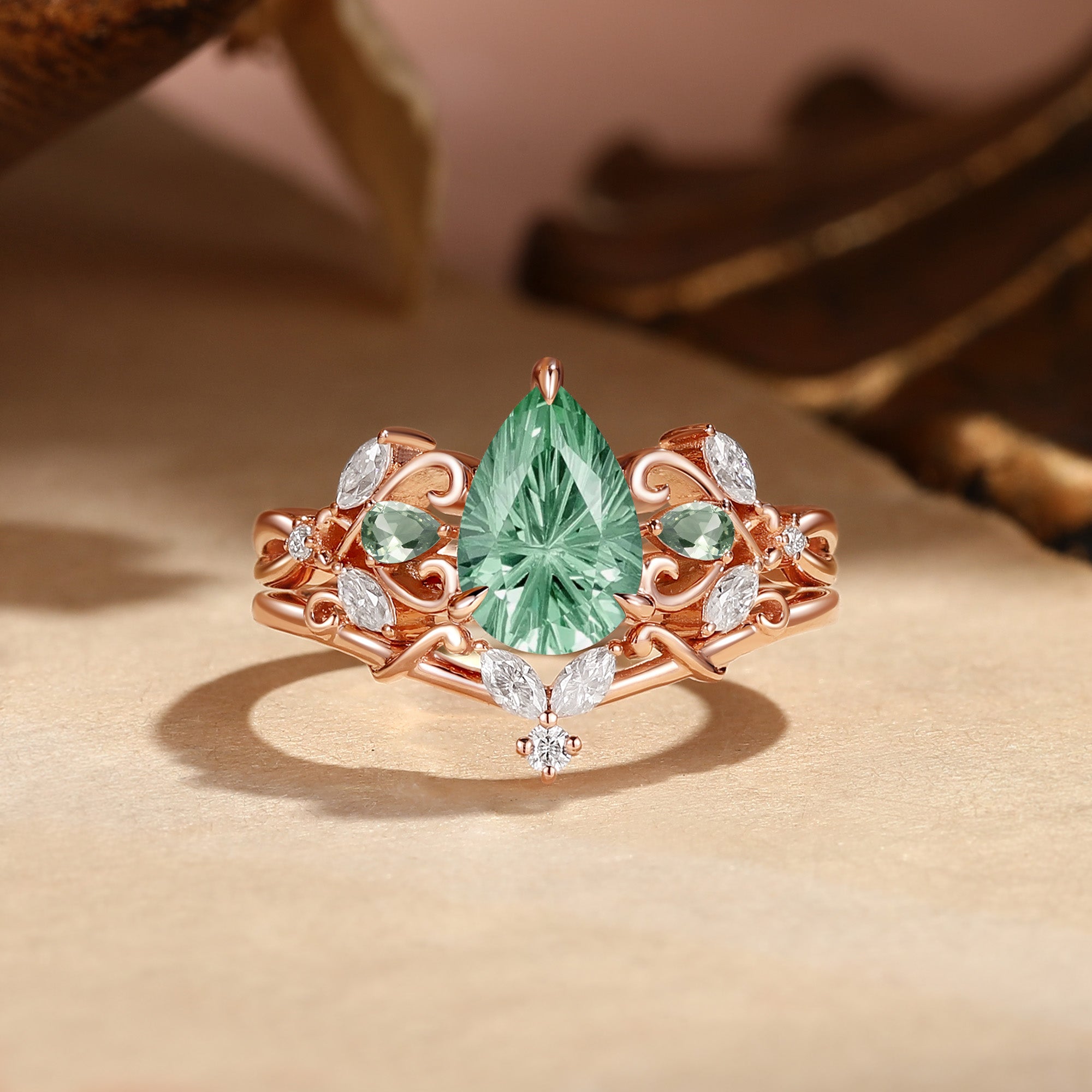 Drisana - Vintage Fireworks Cut Pear Green Sapphire Branch Bridal Set 2pcs